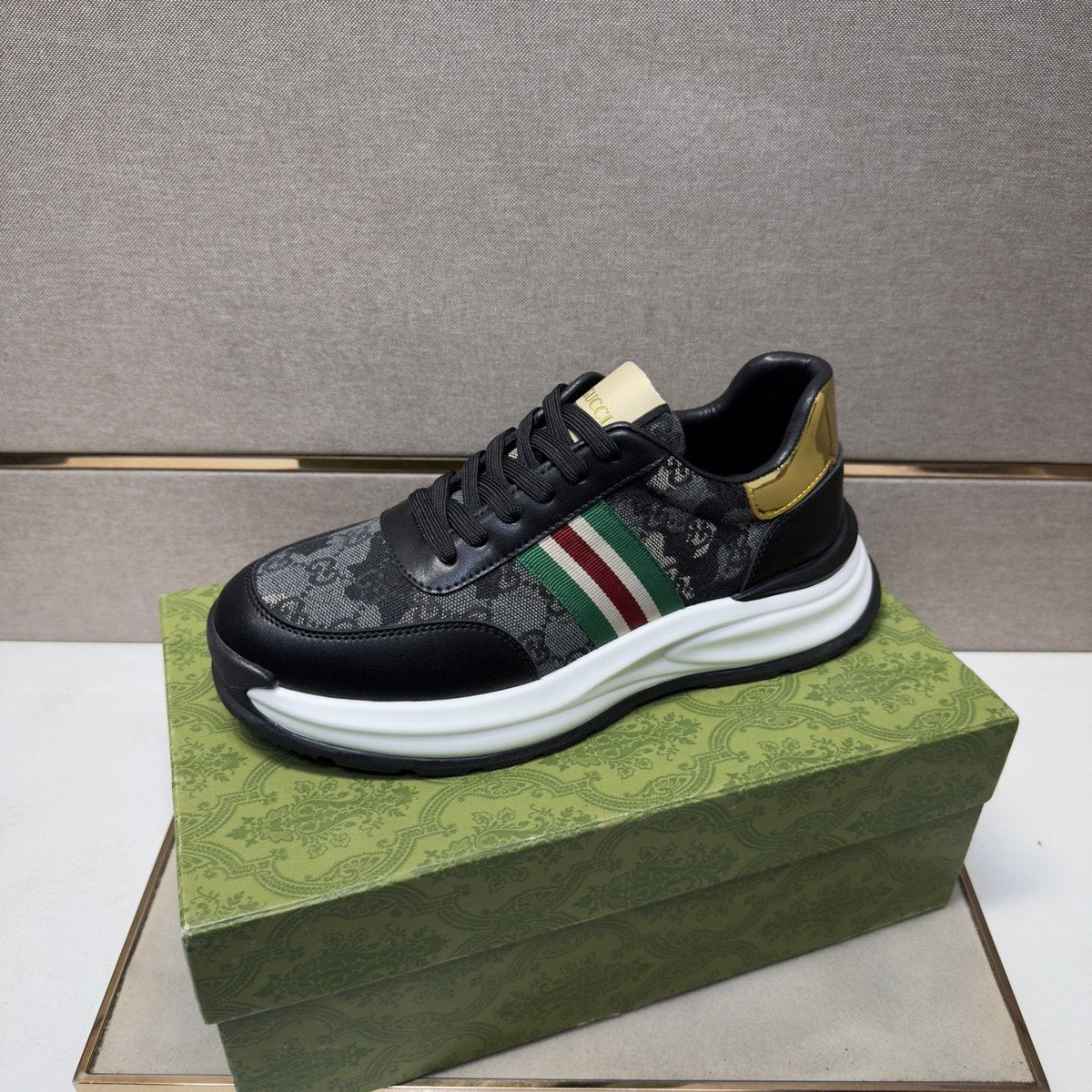 Gucci Black and Gray Stripe Sneakers — front