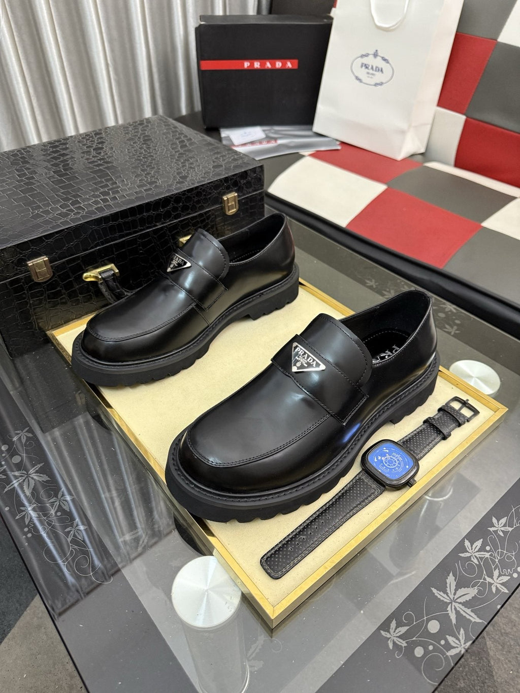 Prada Black Plaque Strap Loafers — front