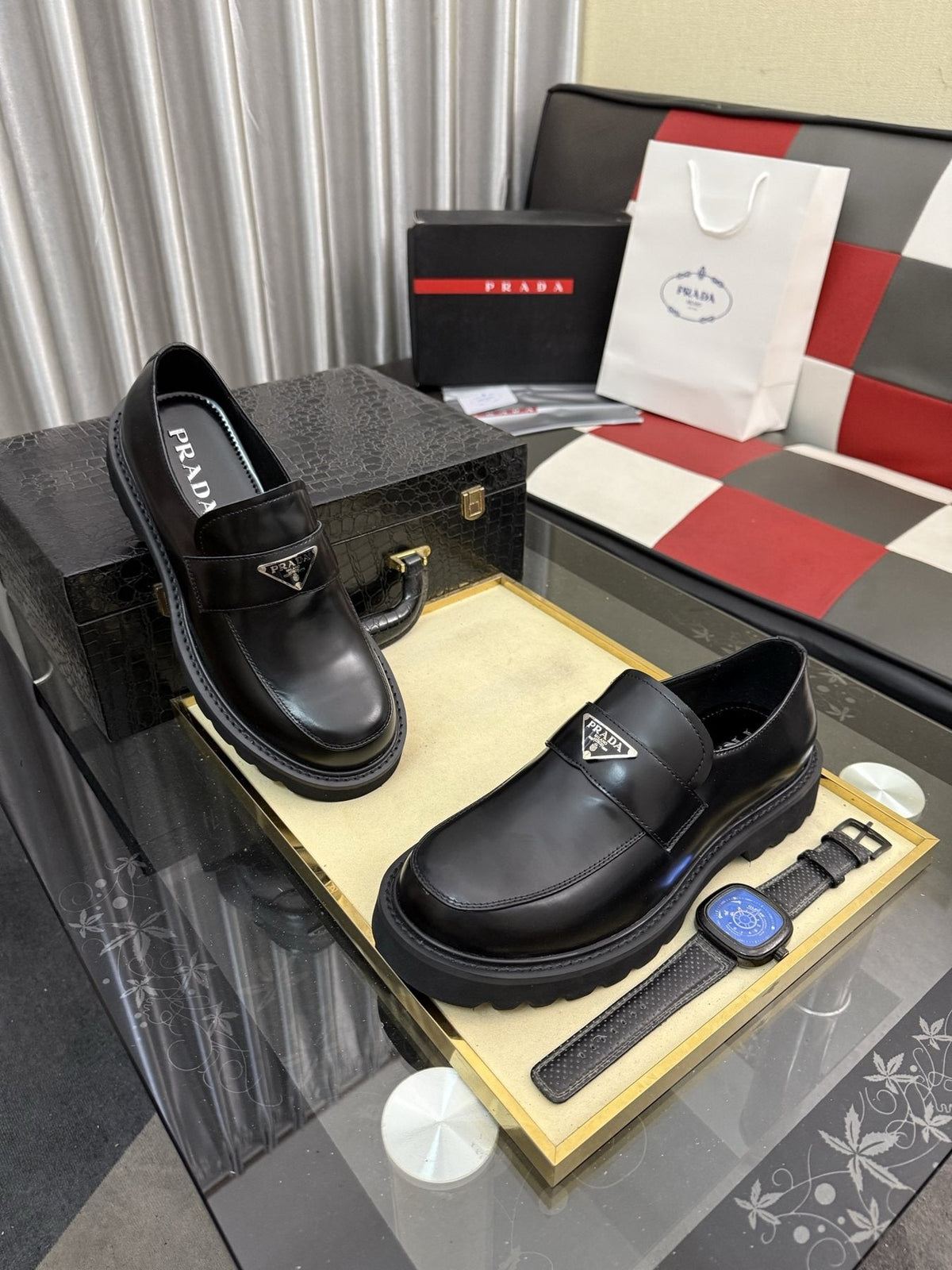 Prada Black Plaque Strap Loafers — front