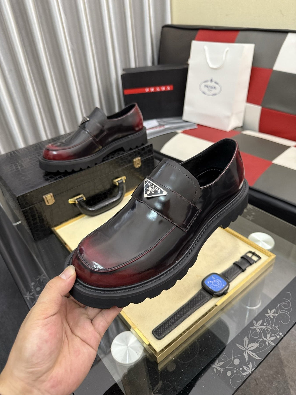 Prada Black Plaque Strap Loafers — side