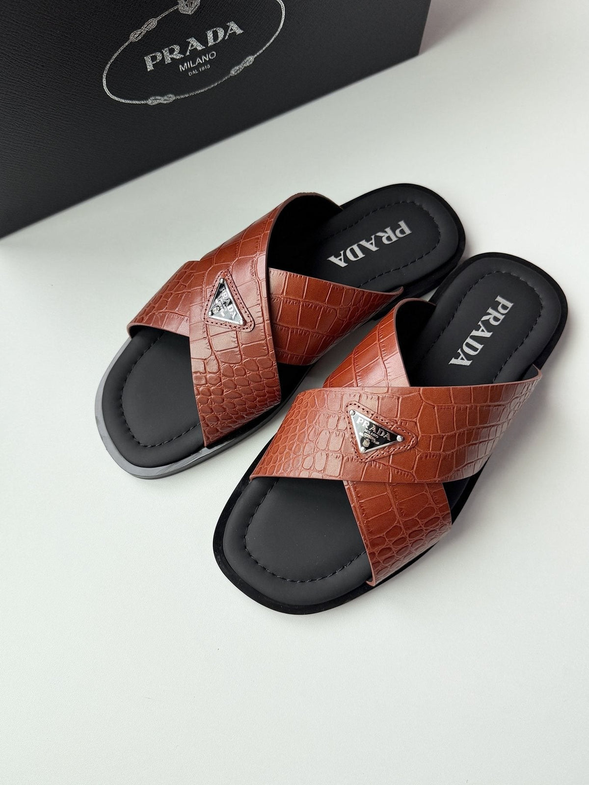 Prada Croc-Embossed Cross-Strap Slide Sandals — front