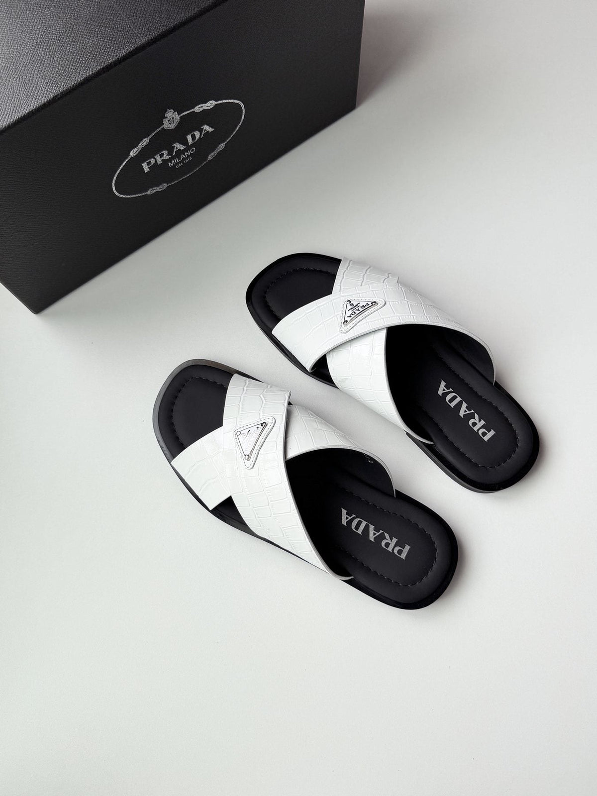 Prada Croc-Embossed Cross-Strap Slide Sandals — front