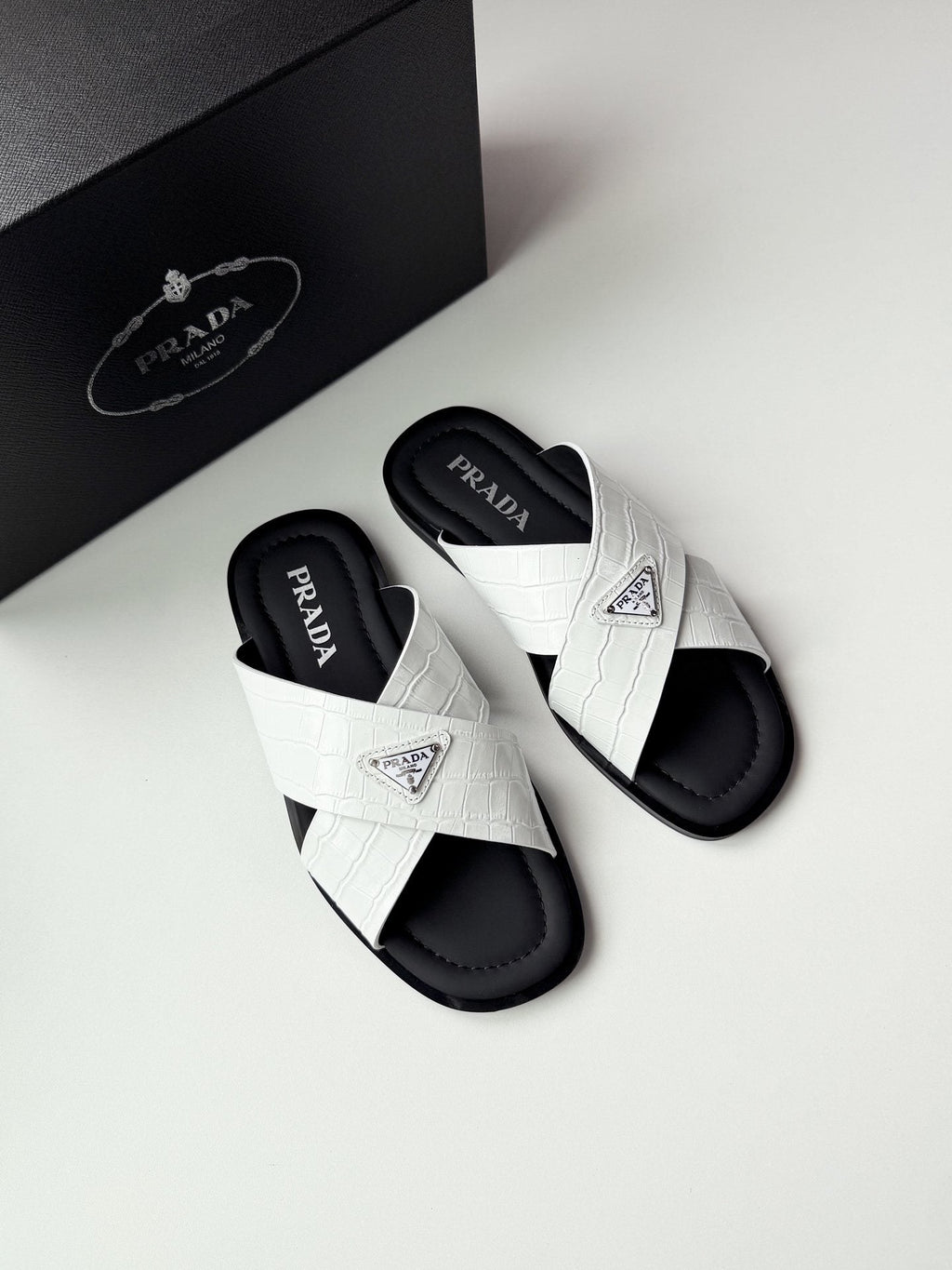 Prada Croc-Embossed Cross-Strap Slide Sandals — hero