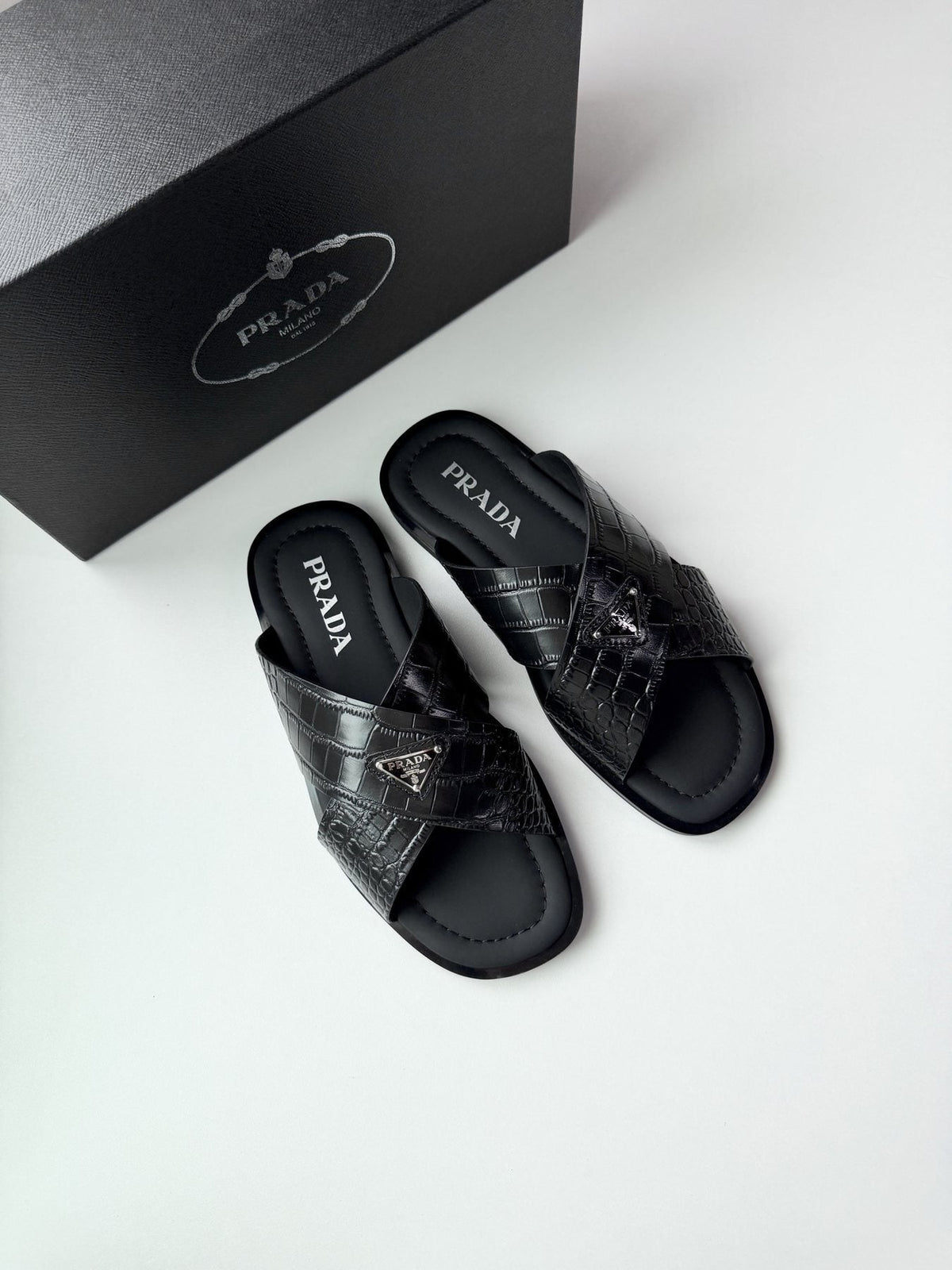 Prada Croc-Embossed Cross-Strap Slide Sandals — front