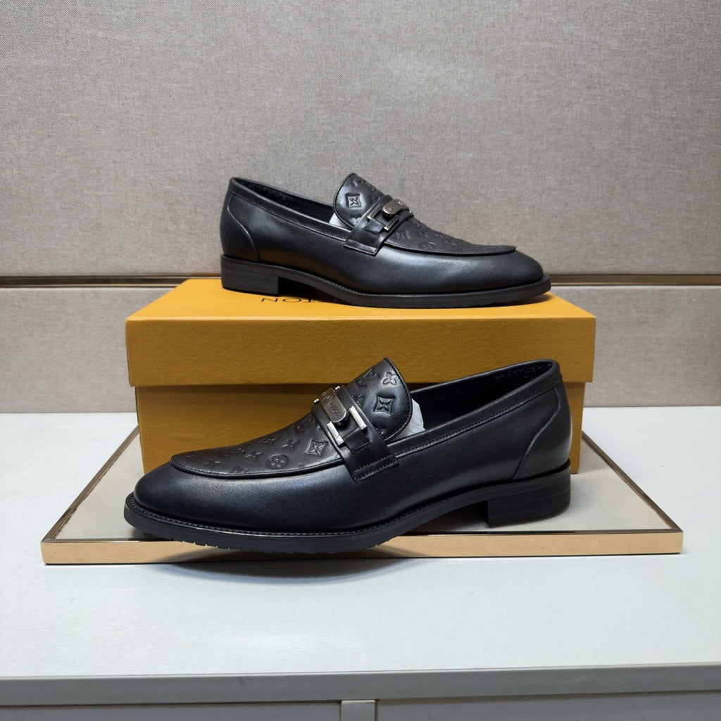 Louis Vuitton Embossed Metal-Bar Loafers — front