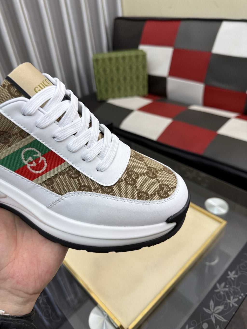 Gucci Monogram Stripe Low-Top Sneakers — detail