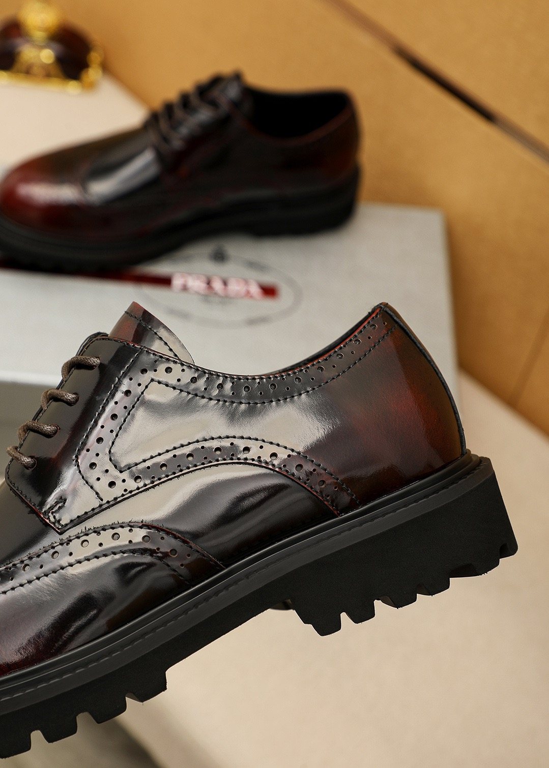 Prada Brogue Lug-Sole Derby Shoes — detail