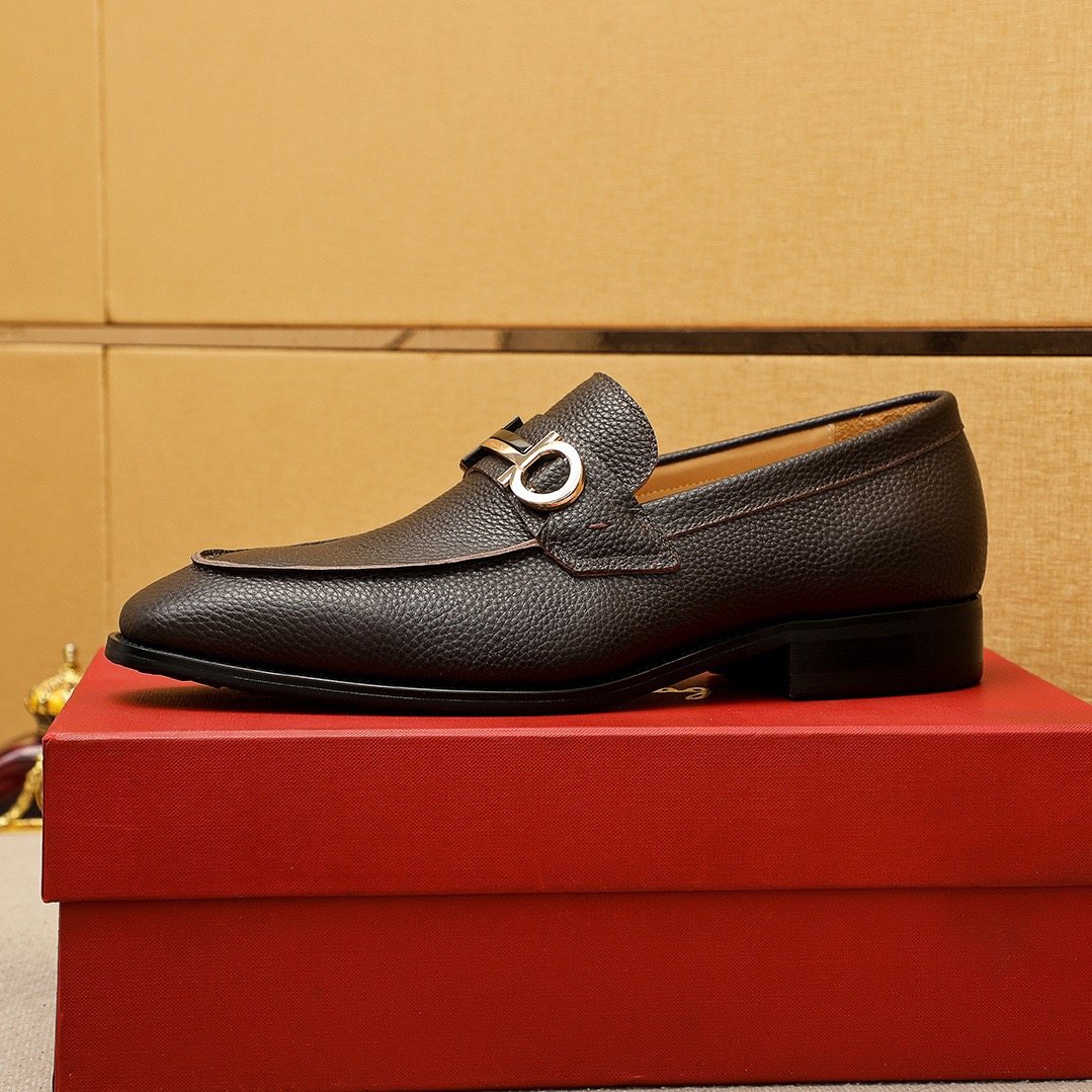 Ferragamo Pebble Leather Buckle Loafers — side