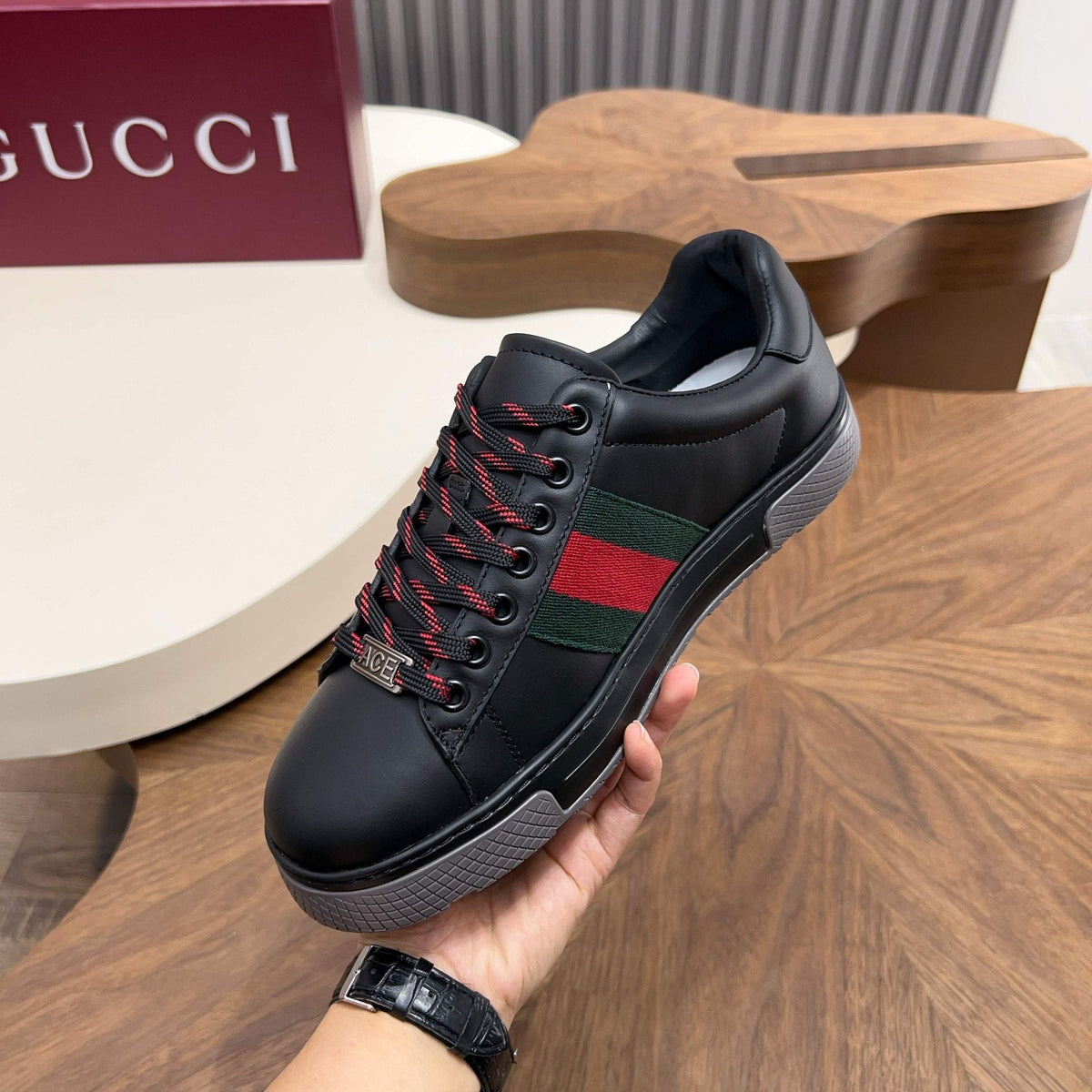 Gucci Red and Green Side Stripe Sneakers — model