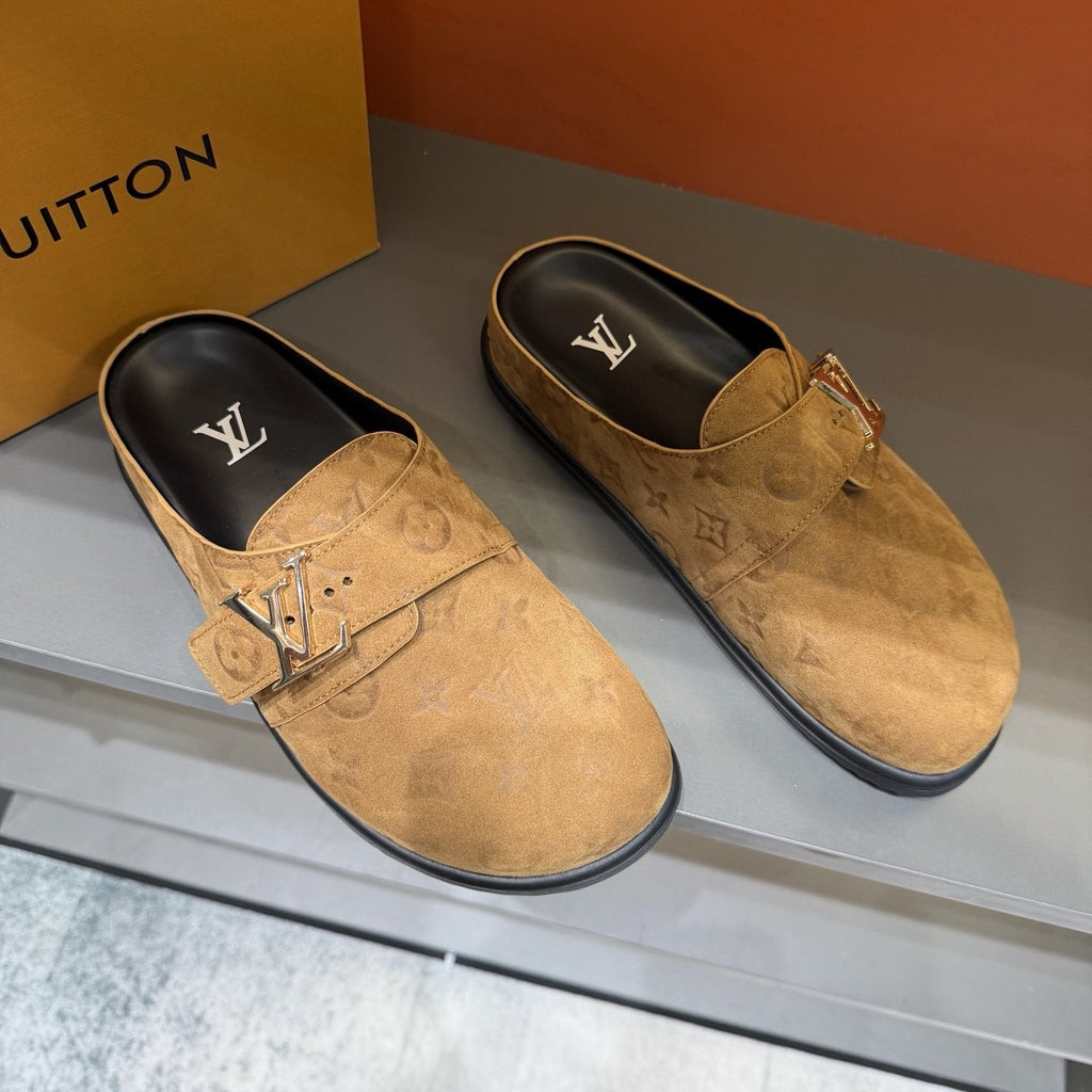 Louis Vuitton Monogram Buckle Slide Sandals — front