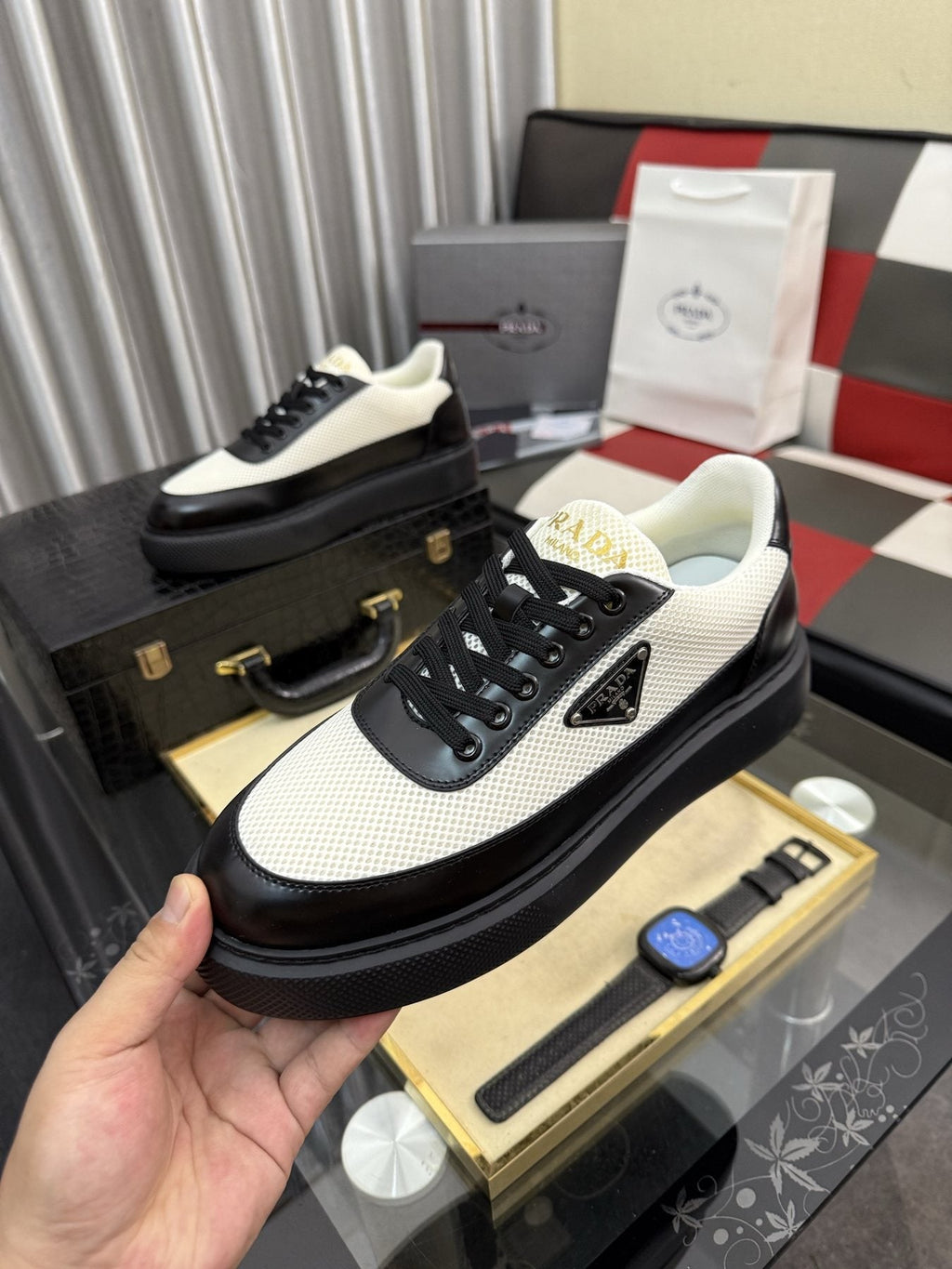 Prada Triangle Badge Low-Top Sneakers — detail