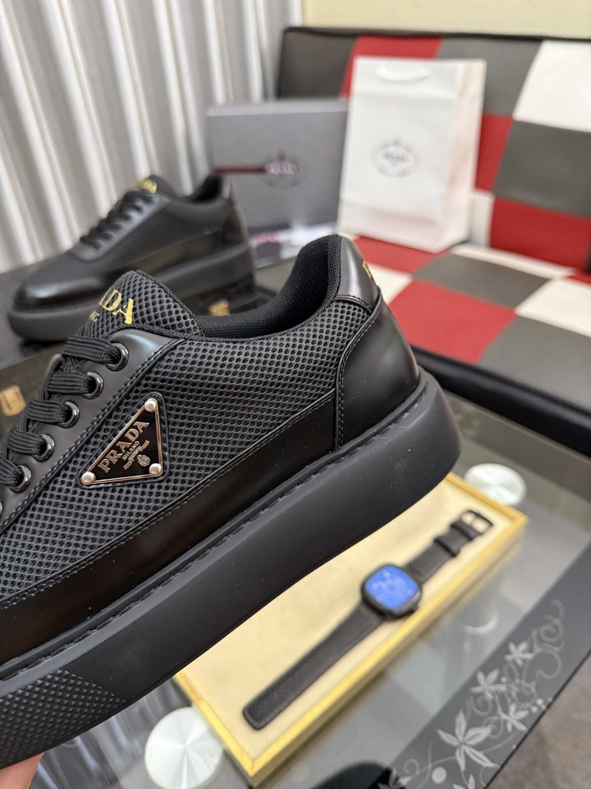 Prada Triangle Badge Low-Top Sneakers — detail