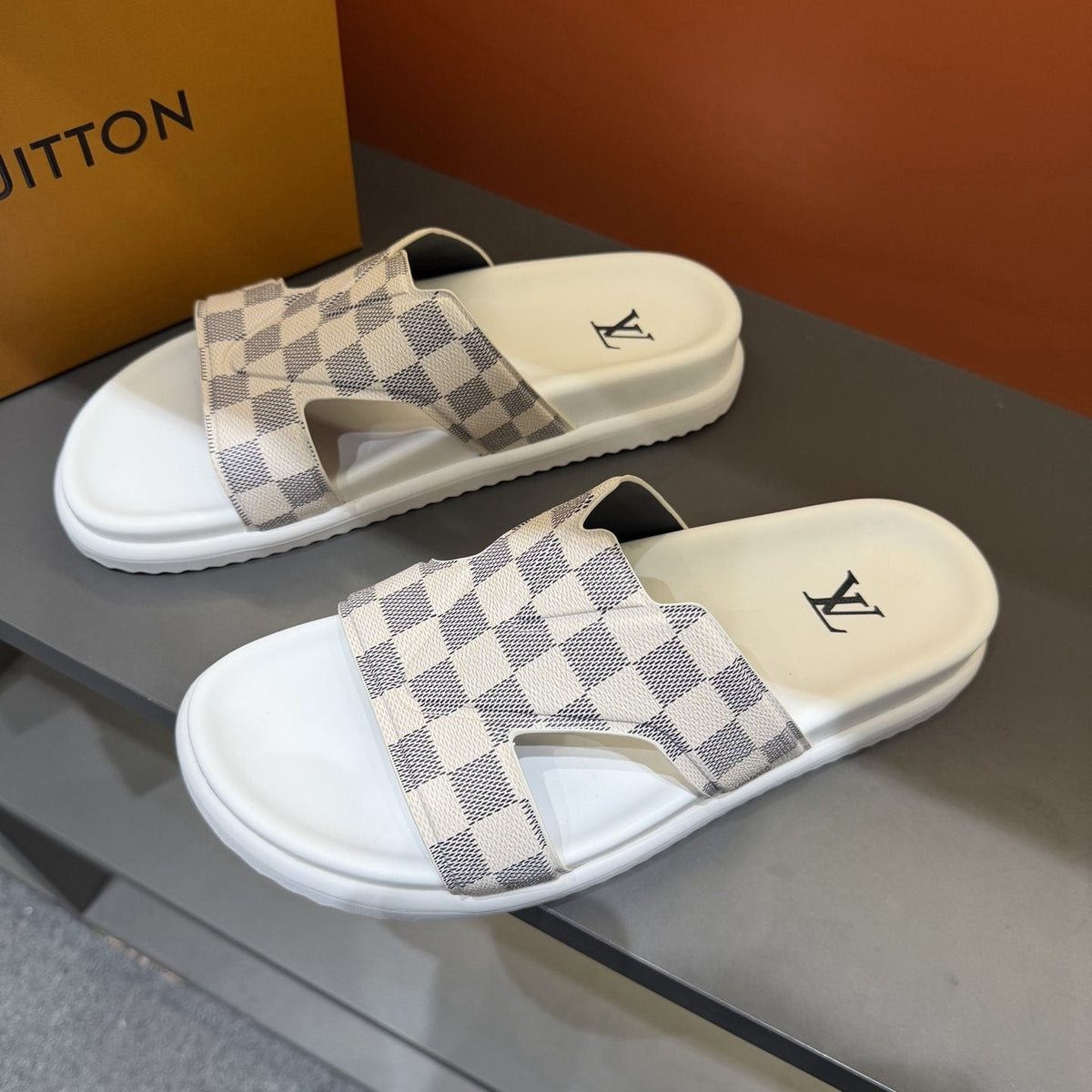 Louis Vuitton Checkerboard Crossover Slide Sandals — front