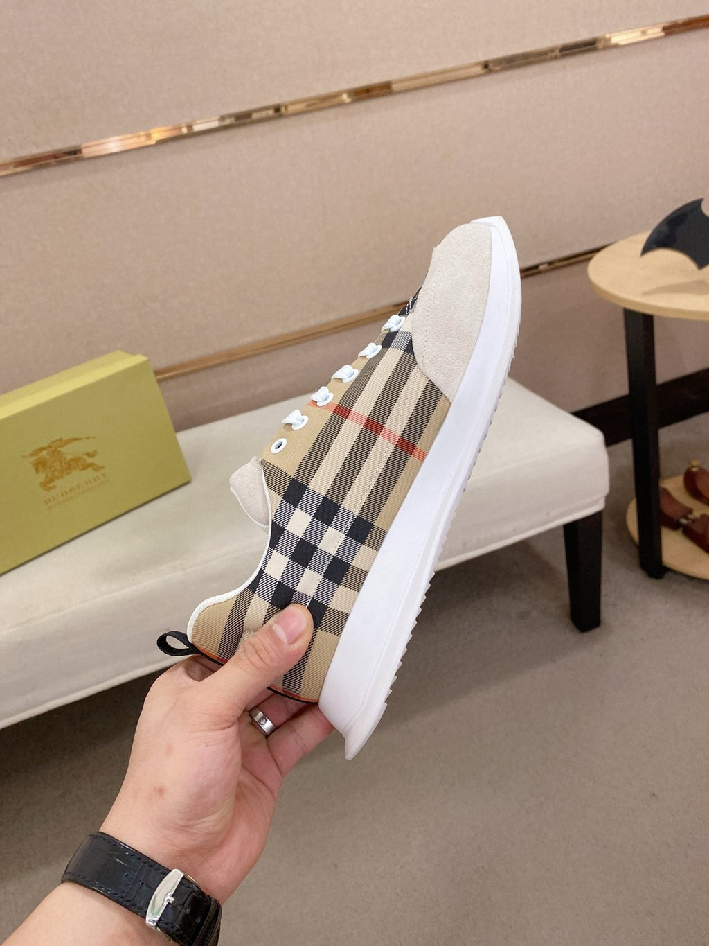 Hermès Gray Plaid Low-Top Sneakers — side