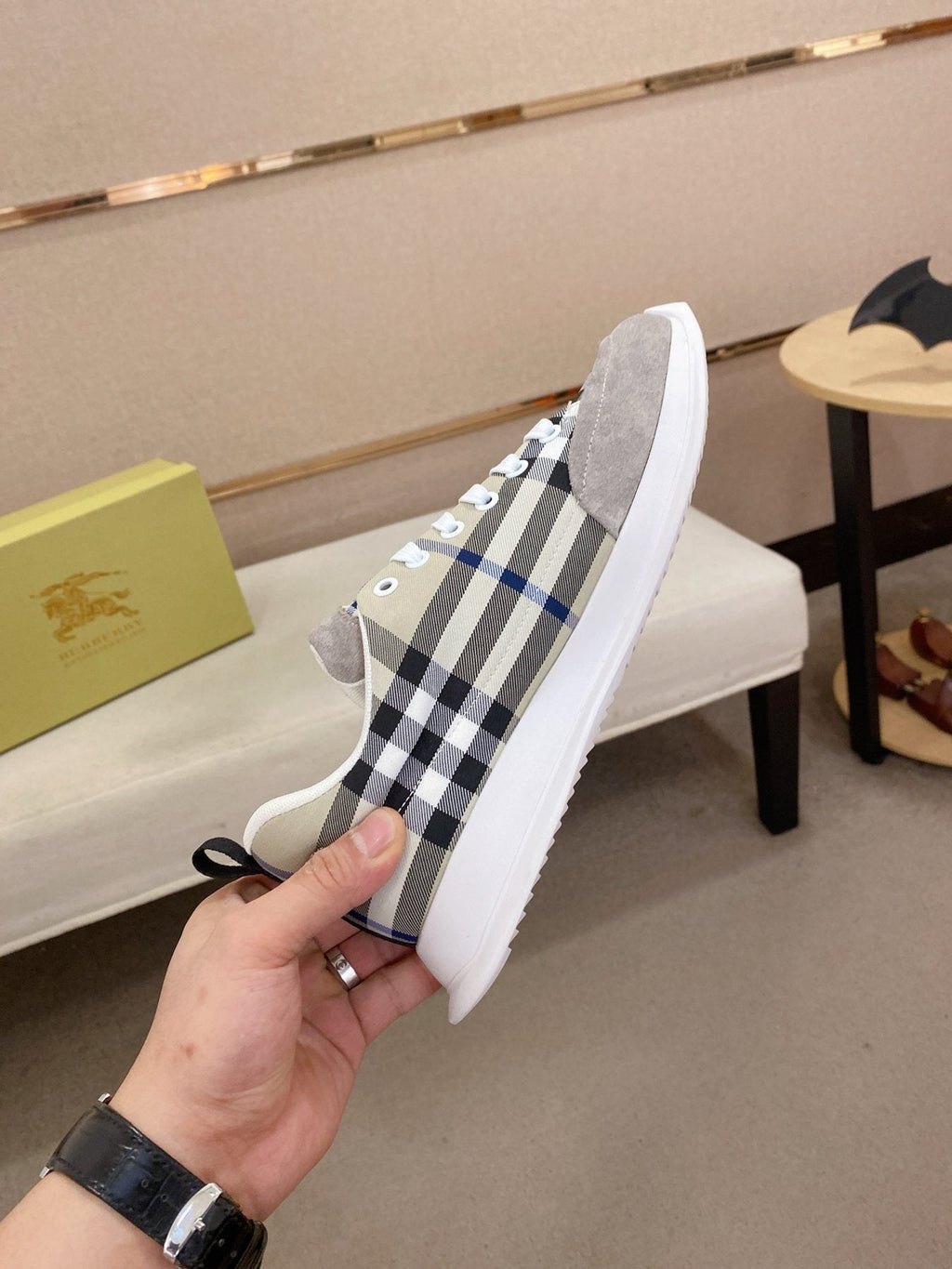 Hermès Gray Plaid Low-Top Sneakers — detail