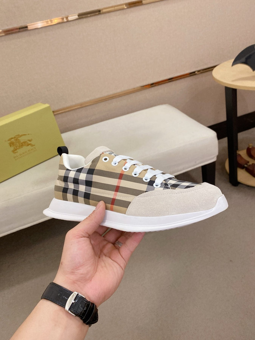 Hermès Gray Plaid Low-Top Sneakers — detail