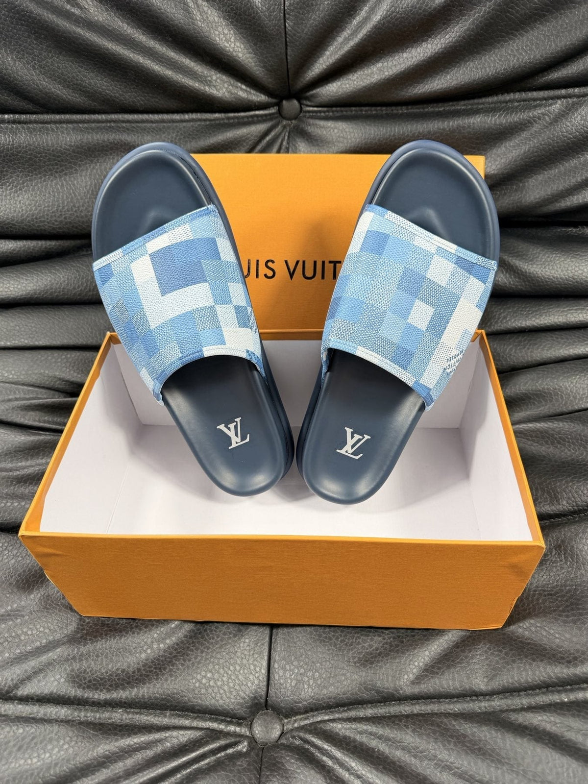 Louis Vuitton Blue Checkerboard Slide Sandals — front