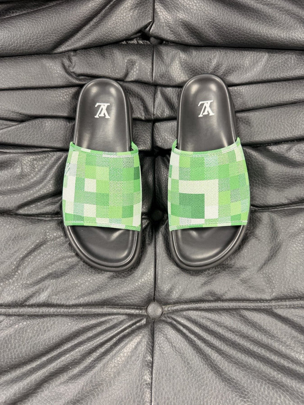 Louis Vuitton Slate Blue Checkered Slide Sandals — front