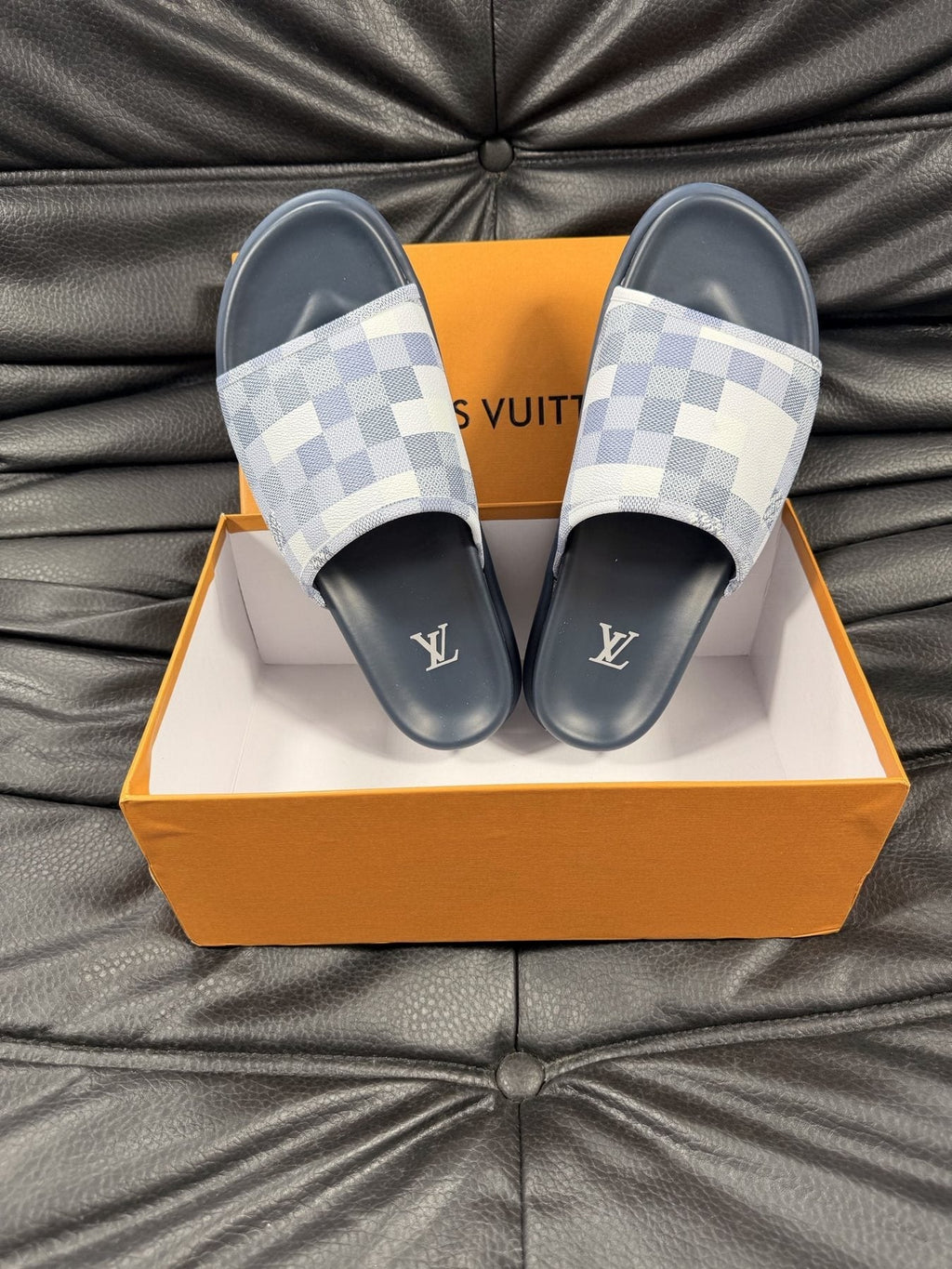 Louis Vuitton Slate Blue Checkered Slide Sandals — front