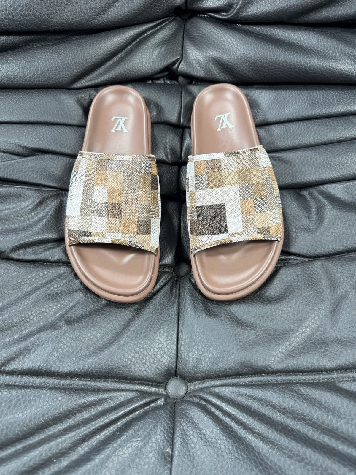 Louis Vuitton Blue Checkerboard Slide Sandals — front