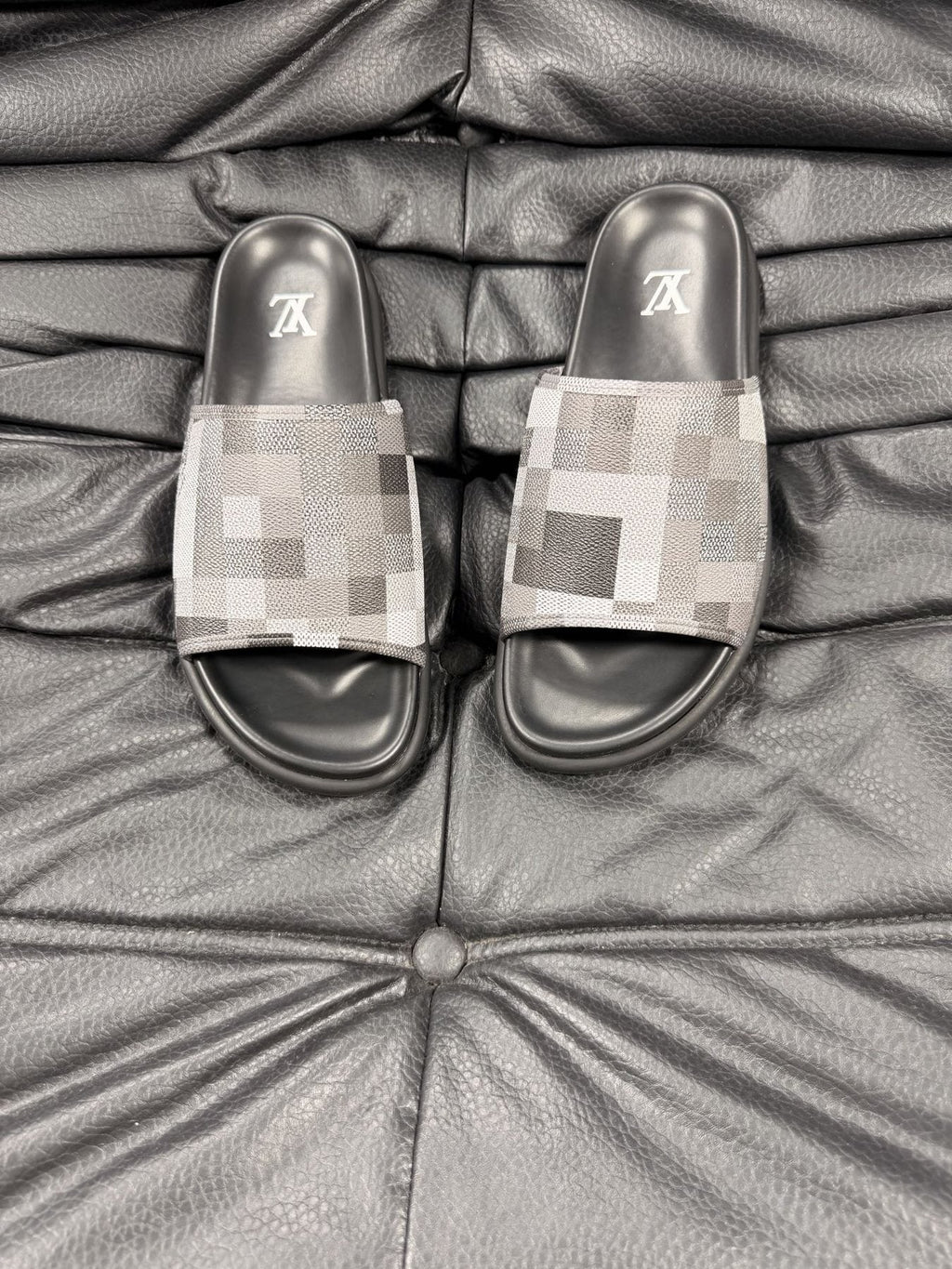 Louis Vuitton Slate Blue Checkered Slide Sandals — front