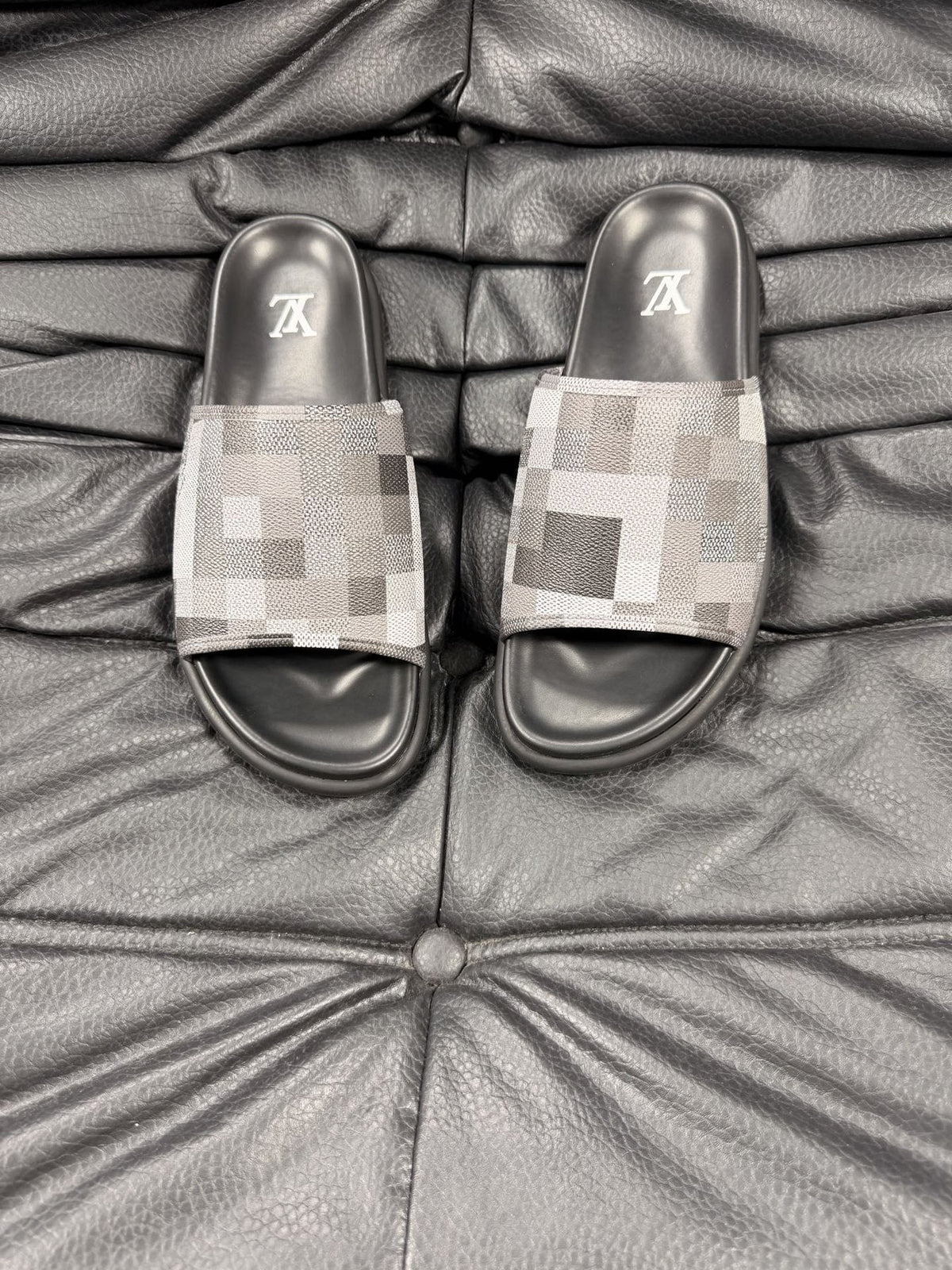 Louis Vuitton Blue Checkerboard Slide Sandals — front