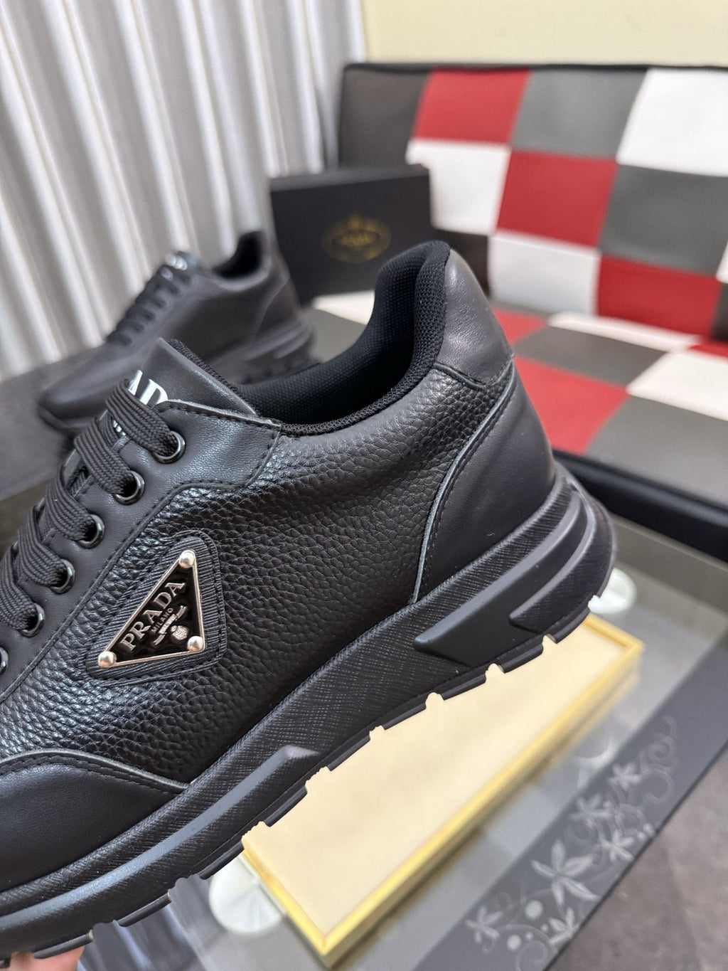 Prada Triangle Badge Low-Top Sneakers — detail