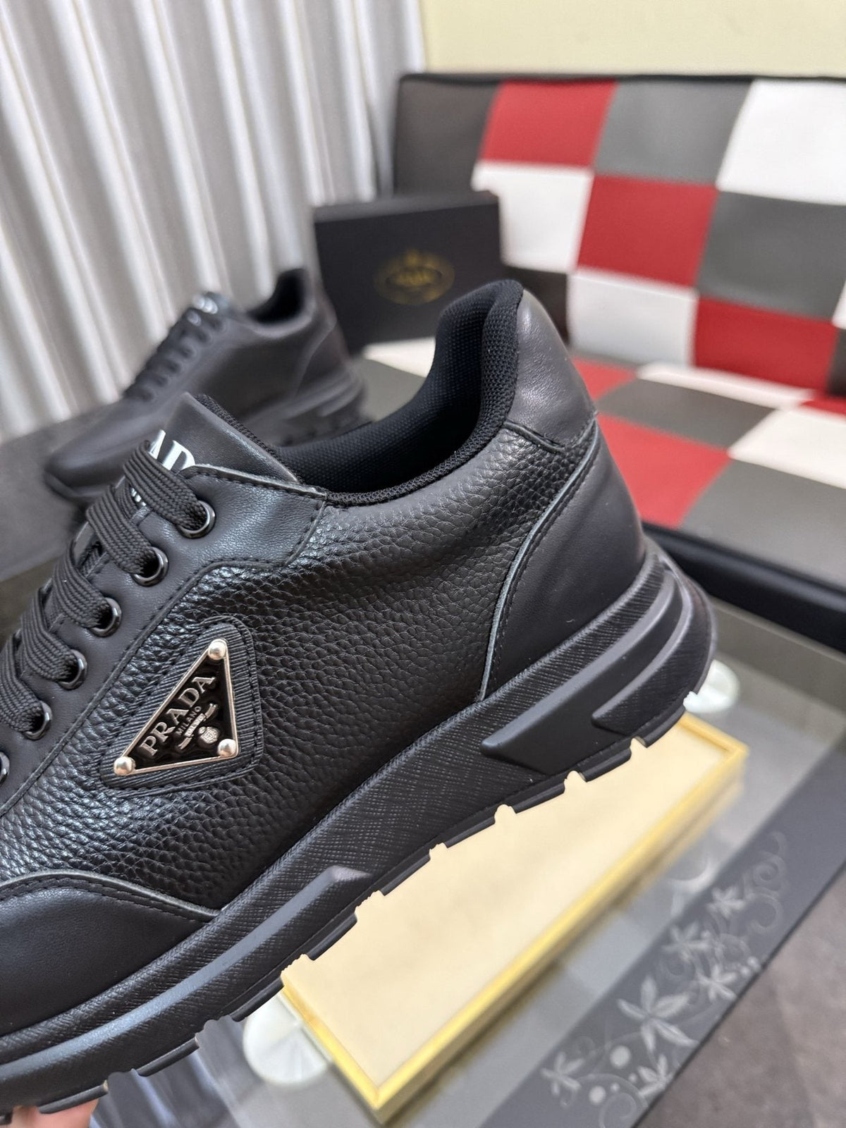 Prada Triangle Badge Low-Top Sneakers — detail