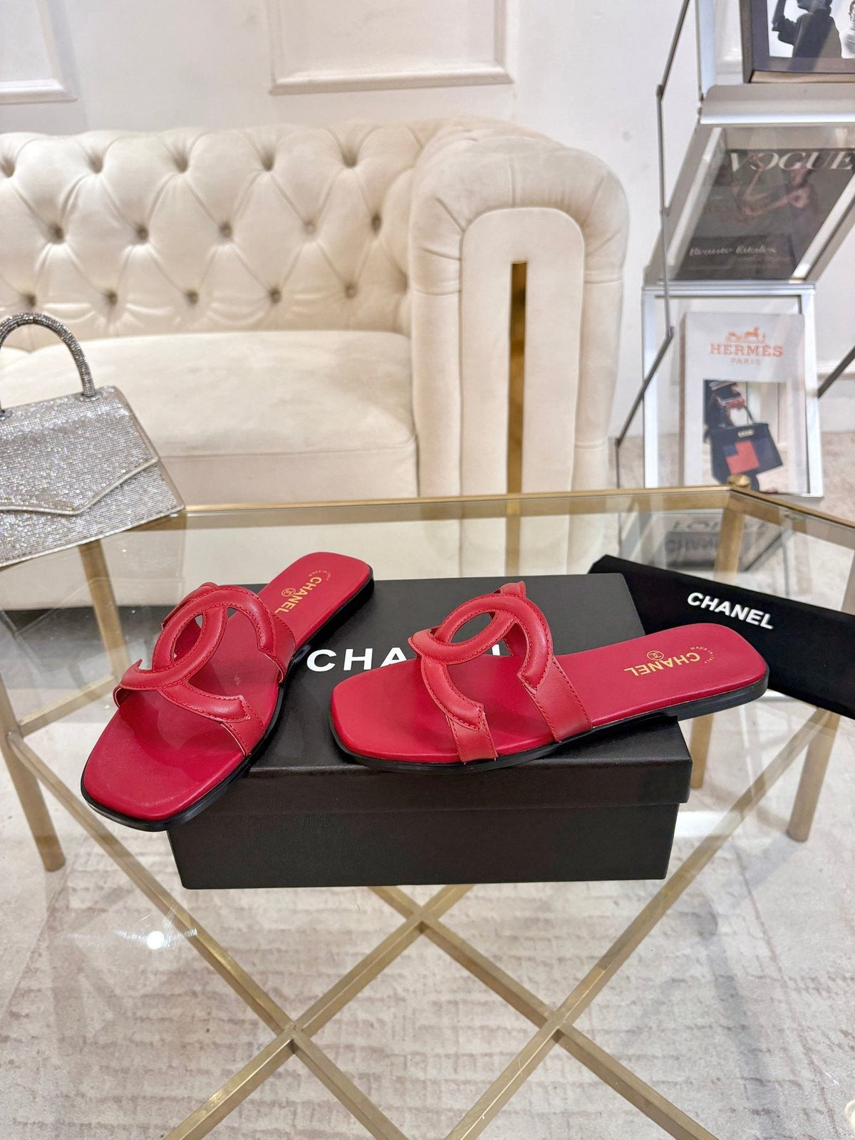 Chanel Embossed Logo Slide Sandals — front