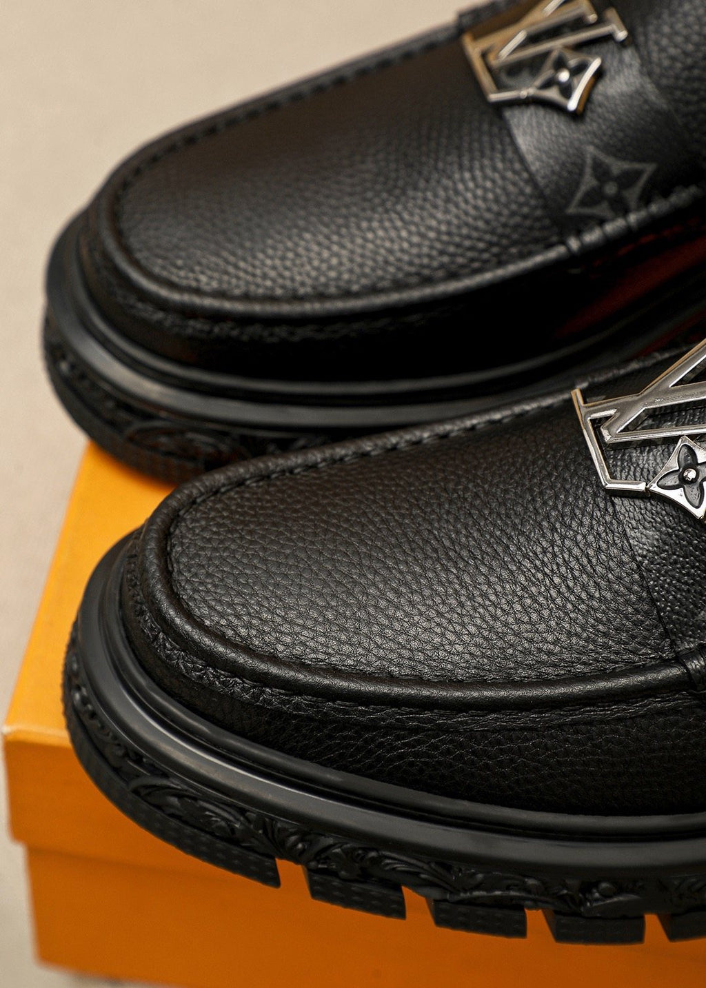 Louis Vuitton Black Textured Lug Sole Loafers — detail
