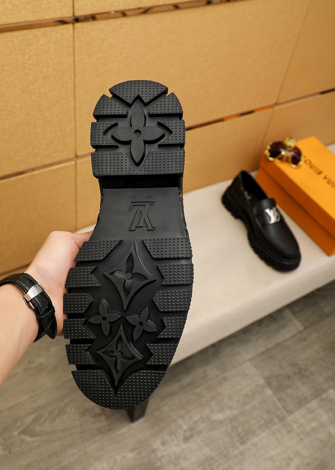 Louis Vuitton Black Textured Lug Sole Loafers — back