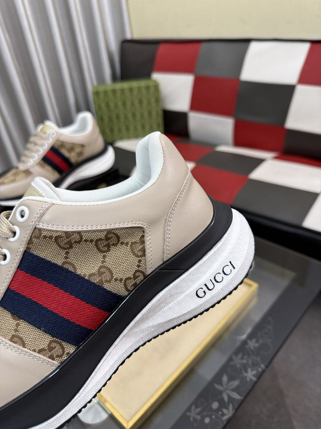 Gucci Men's Monogram Stripe Low-Top Sneakers — detail