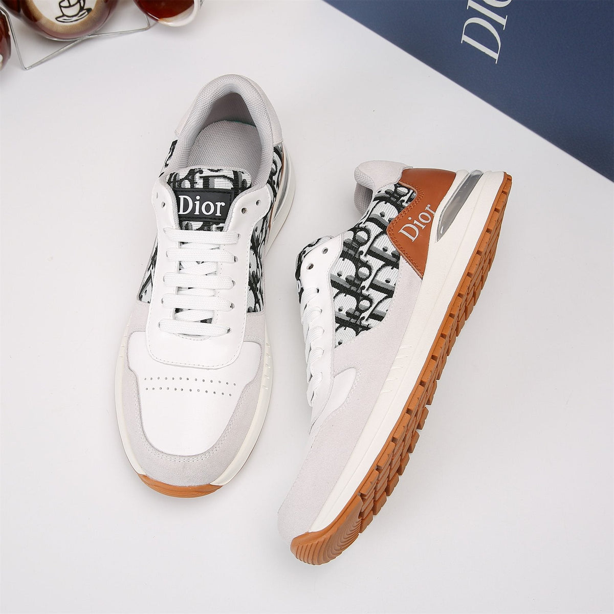 Dior White, Black & Tan Low-Top Sneakers — side