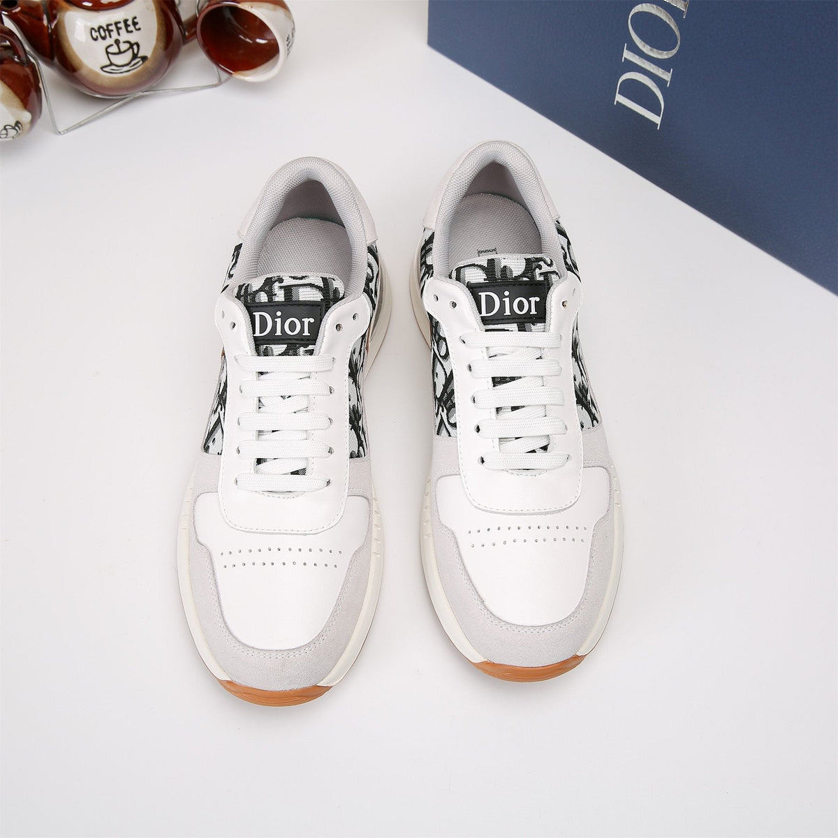 Dior White, Black & Tan Low-Top Sneakers — front