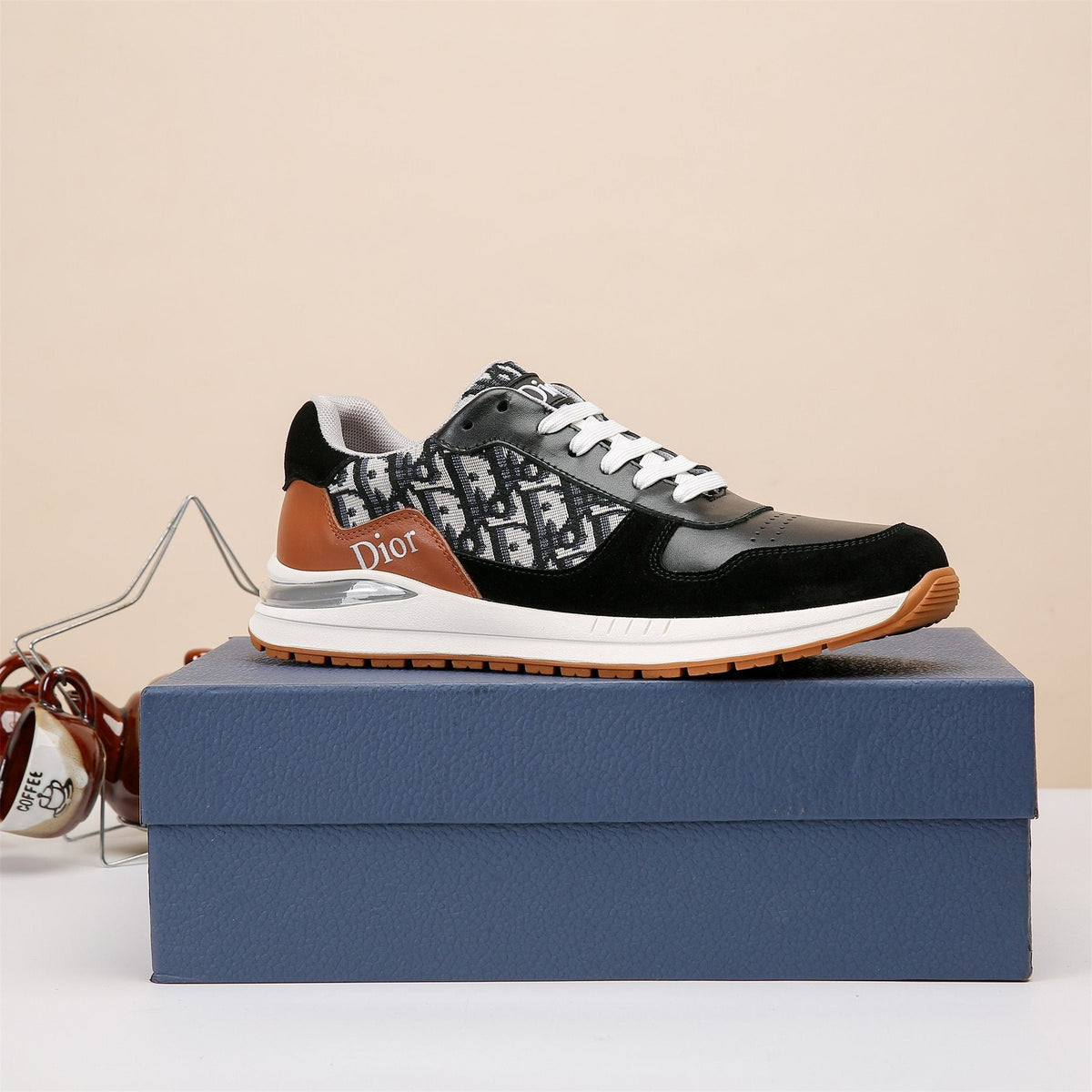 Dior White, Black & Tan Low-Top Sneakers — side