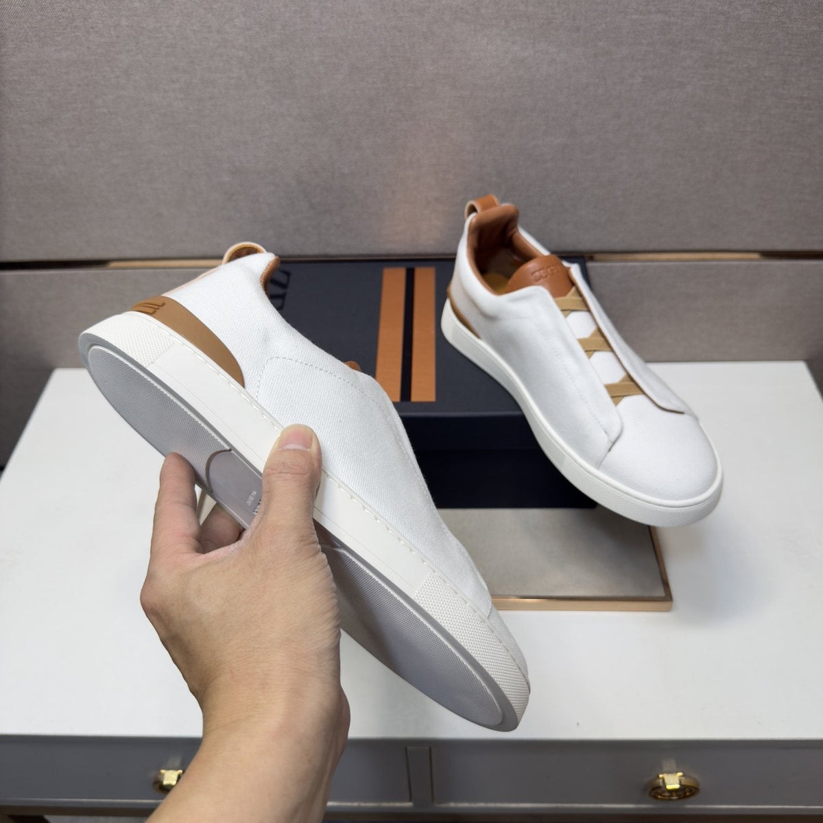Zegna Tan Accent Low-Top Sneakers — model