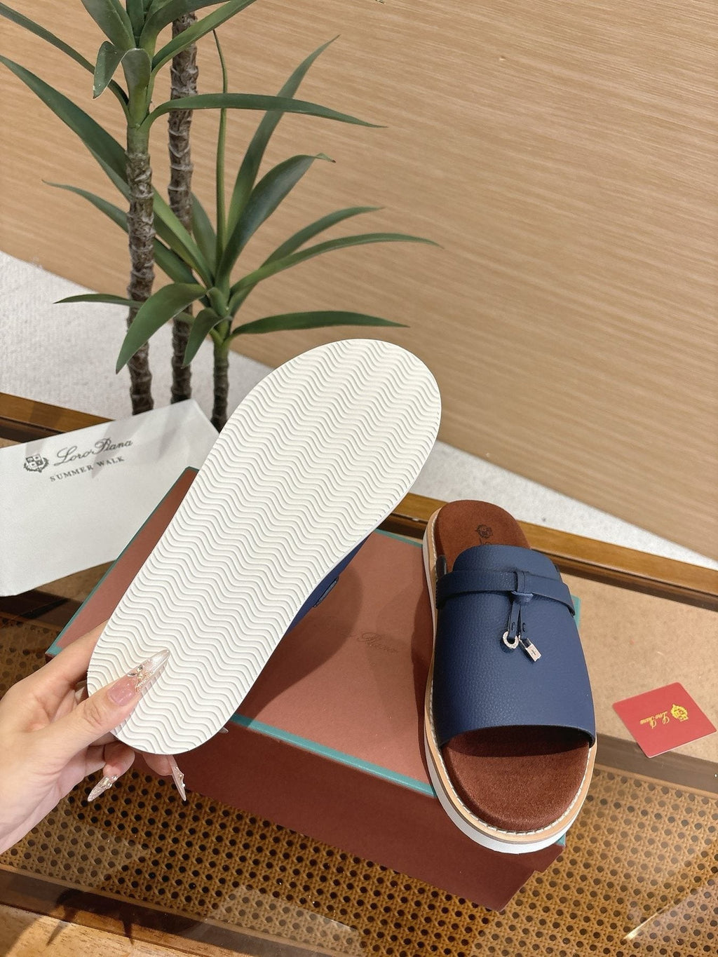 Loro Piana Navy Blue Crisscross Slide Sandals — side