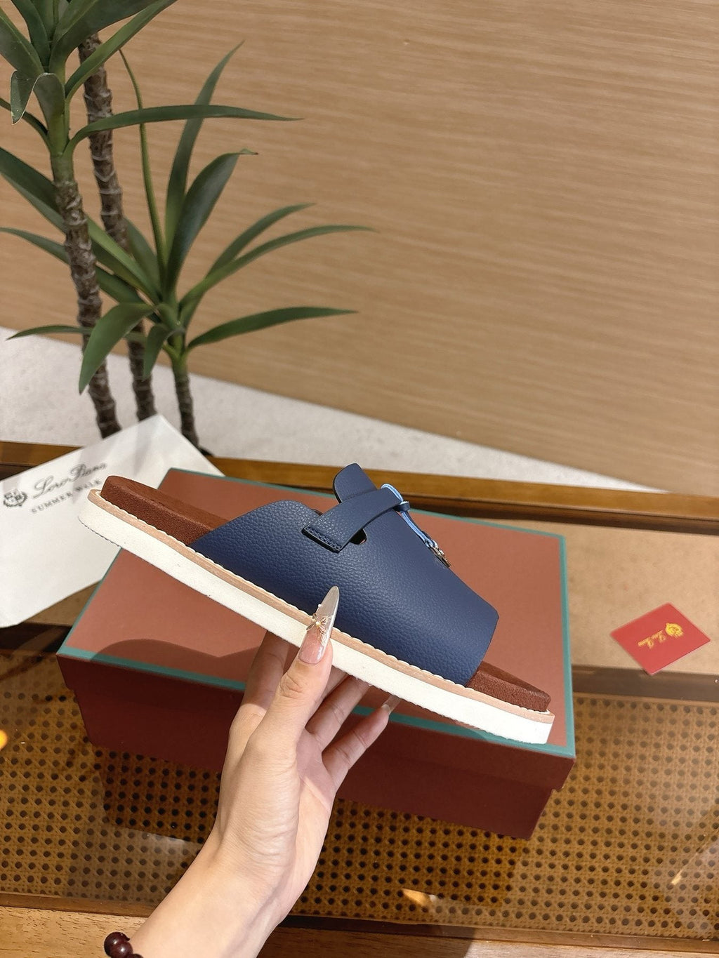Loro Piana Navy Blue Crisscross Slide Sandals — side