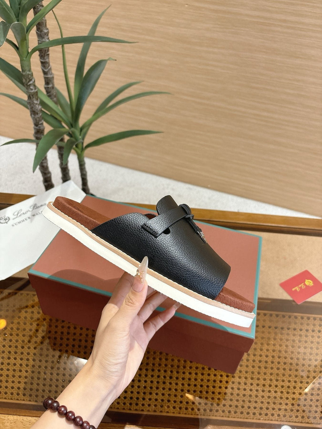 Loro Piana Navy Blue Crisscross Slide Sandals — side