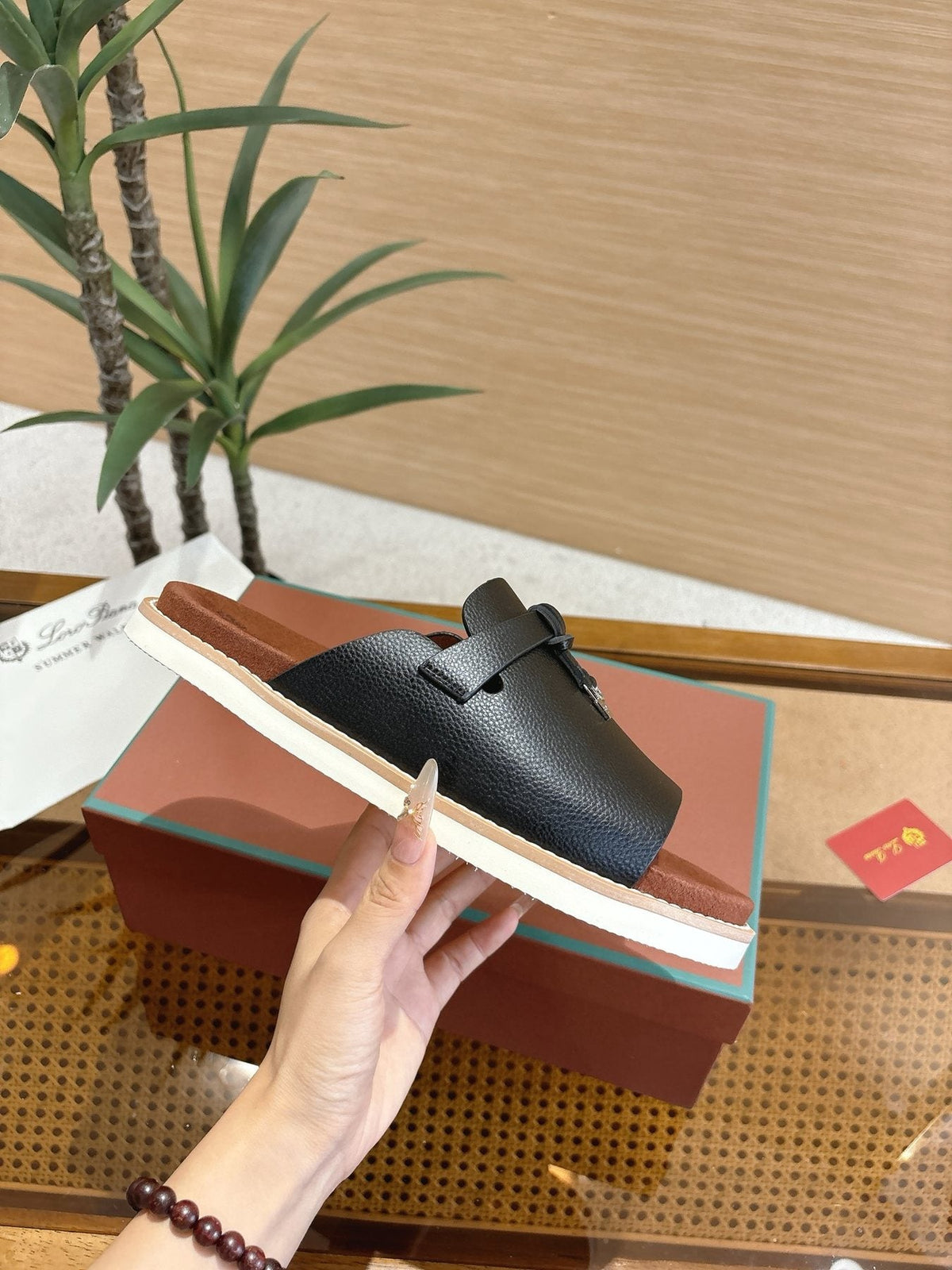 Loro Piana Navy Blue Crisscross Slide Sandals — side