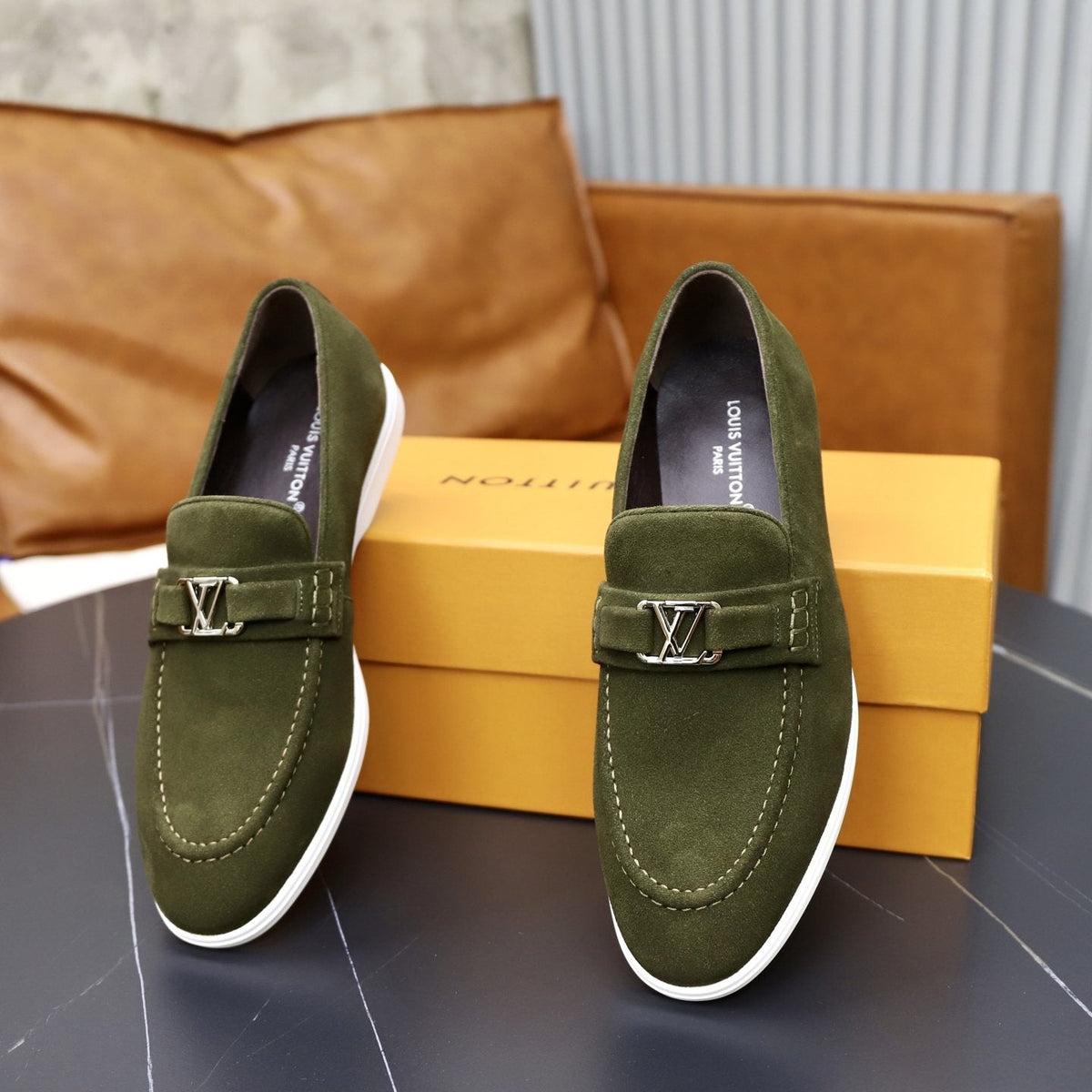 Louis Vuitton Suede-Like Metal Hardware Loafers — front