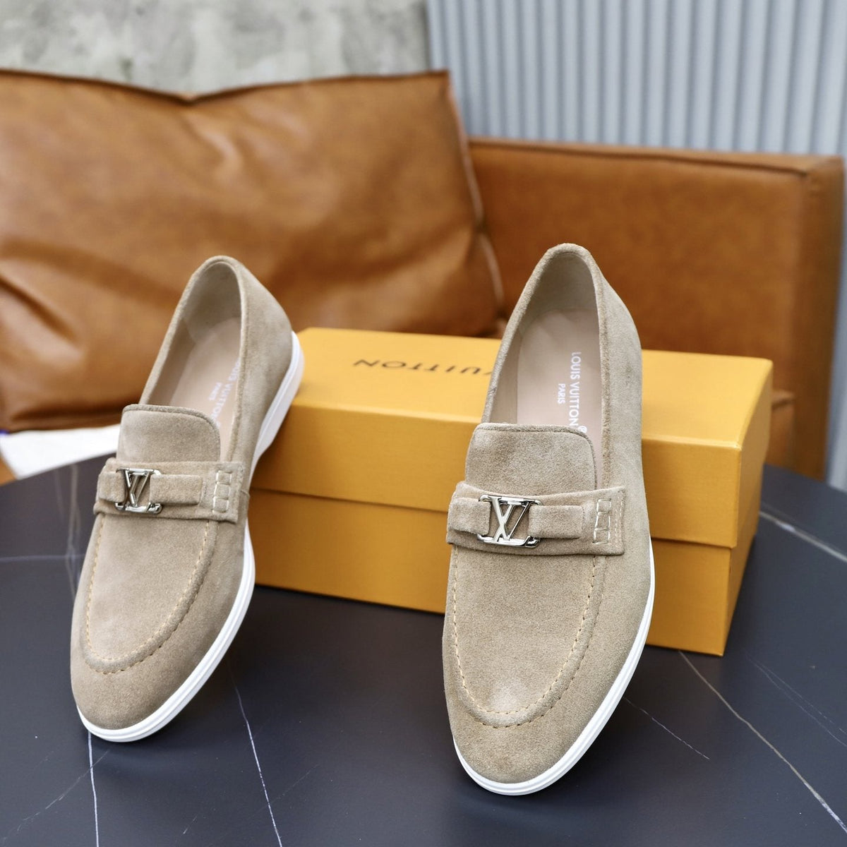 Louis Vuitton Suede-Like Metal Hardware Loafers — front