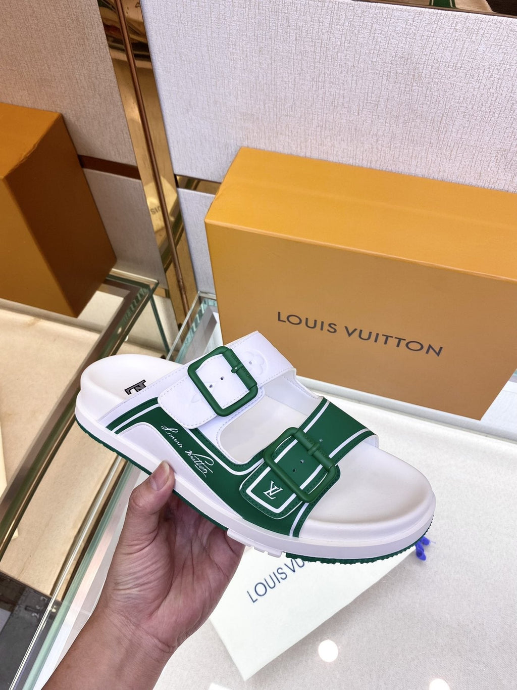 Louis Vuitton Double-Strap Slide Sandals — model