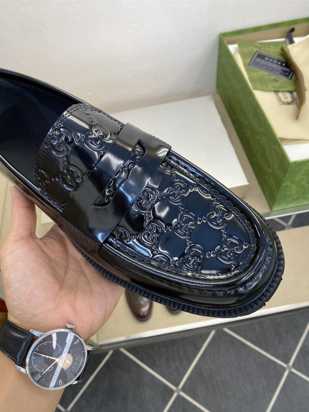 Gucci Black Embossed Lug Sole Loafers — detail