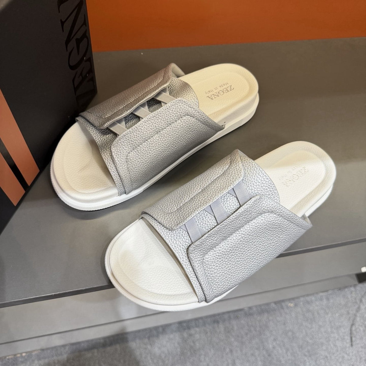 ZEGNA Textured Strap Slide Sandals — front