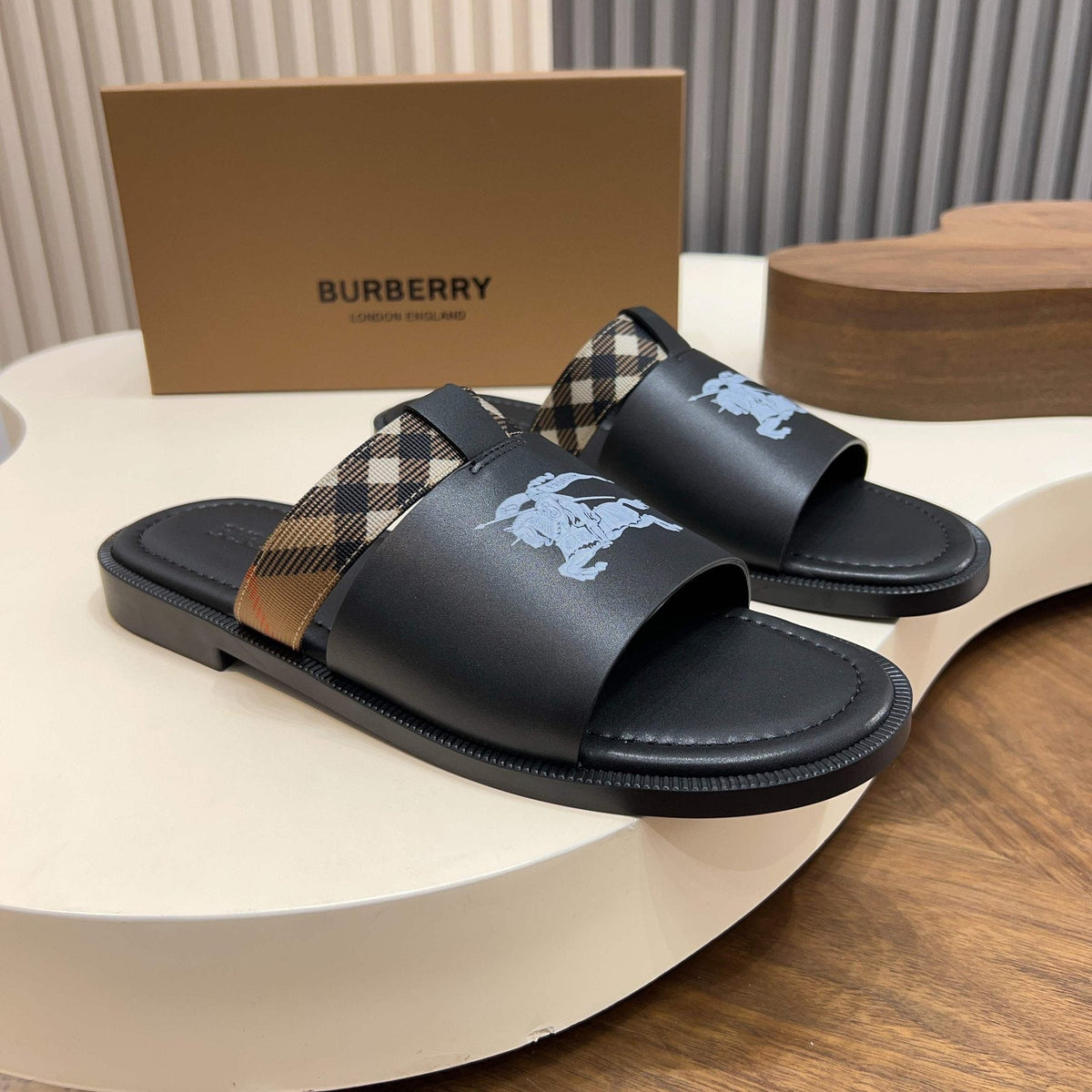 Burberry Plaid-Trim Slide Sandals — front
