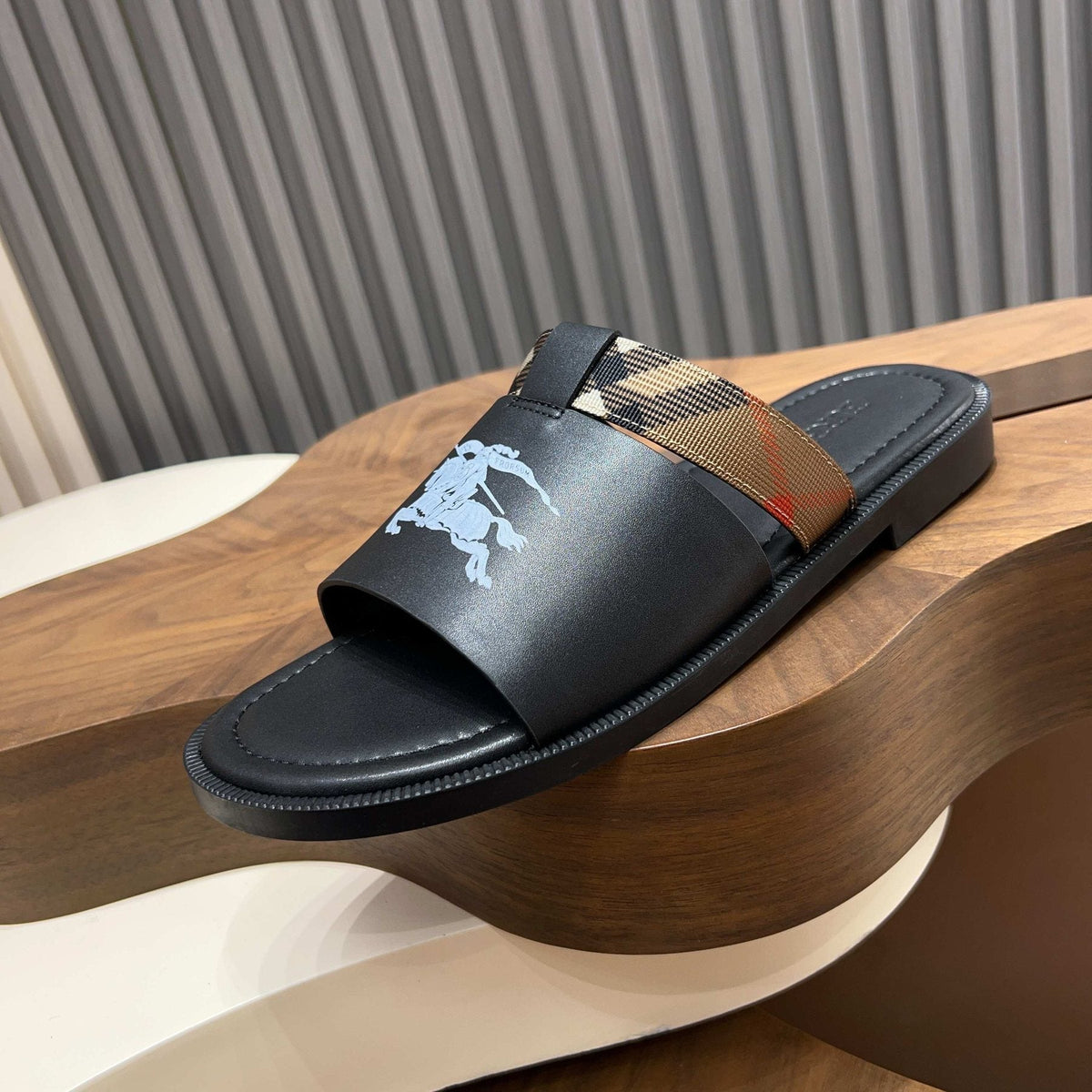 Burberry Plaid-Trim Slide Sandals — side
