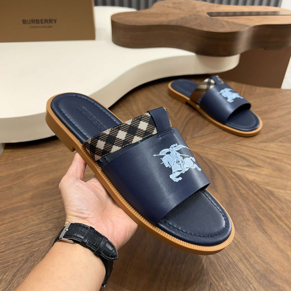 Burberry Plaid-Trim Slide Sandals — model