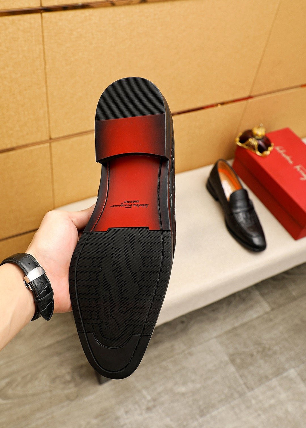 Ferragamo Burgundy Embossed Slip-On Shoes — detail
