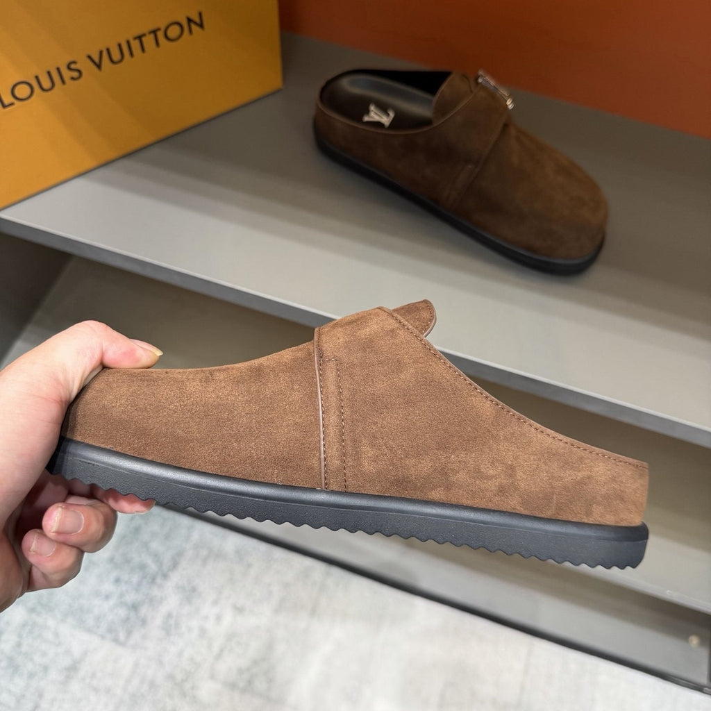 Louis Vuitton Easy Suede Slip-On Sandals — side